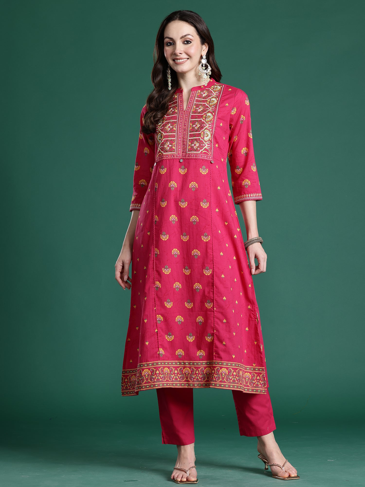 Indo Era Pink Printed Straight Kurta Trousers Set