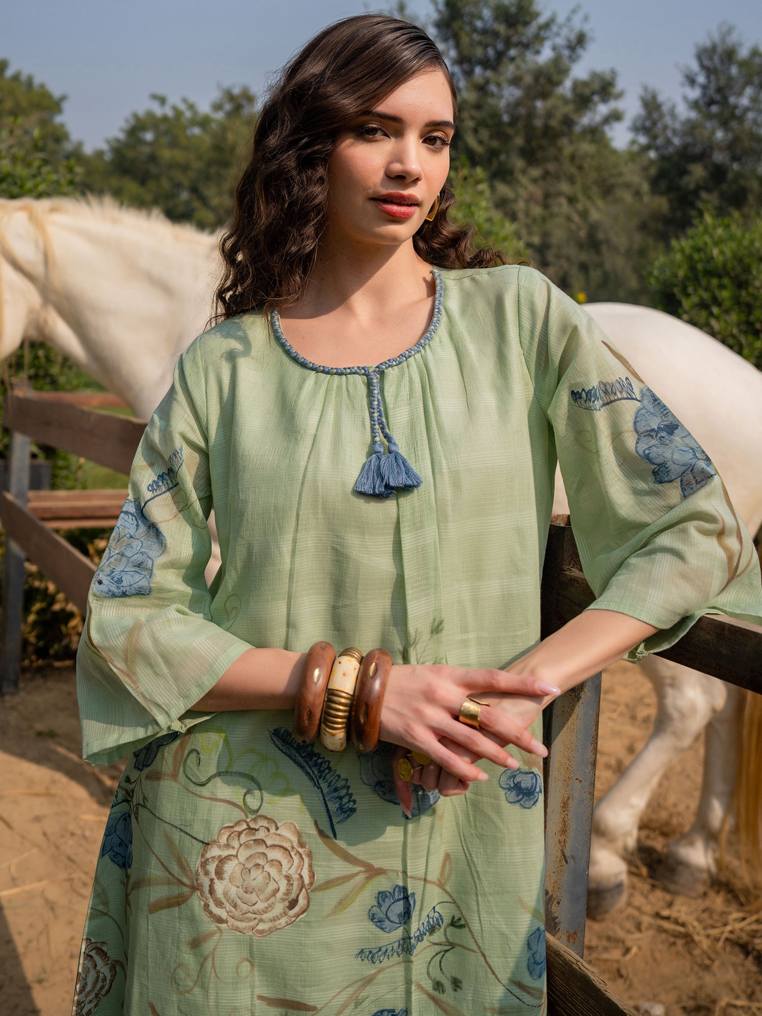 Indo Era Sea Green Printed A-Line Kurta Trousers set