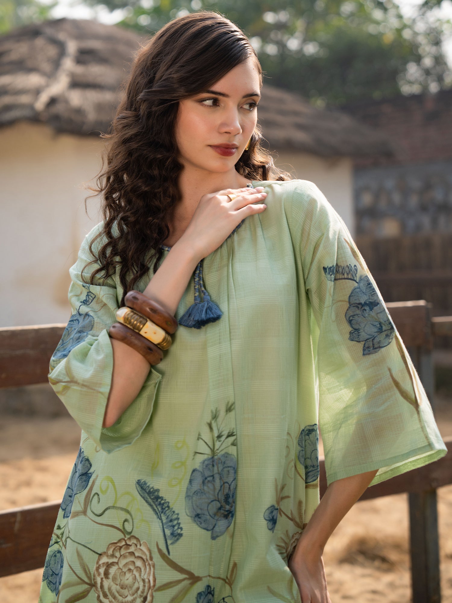 Indo Era Sea Green Printed A-Line Kurta Trousers set