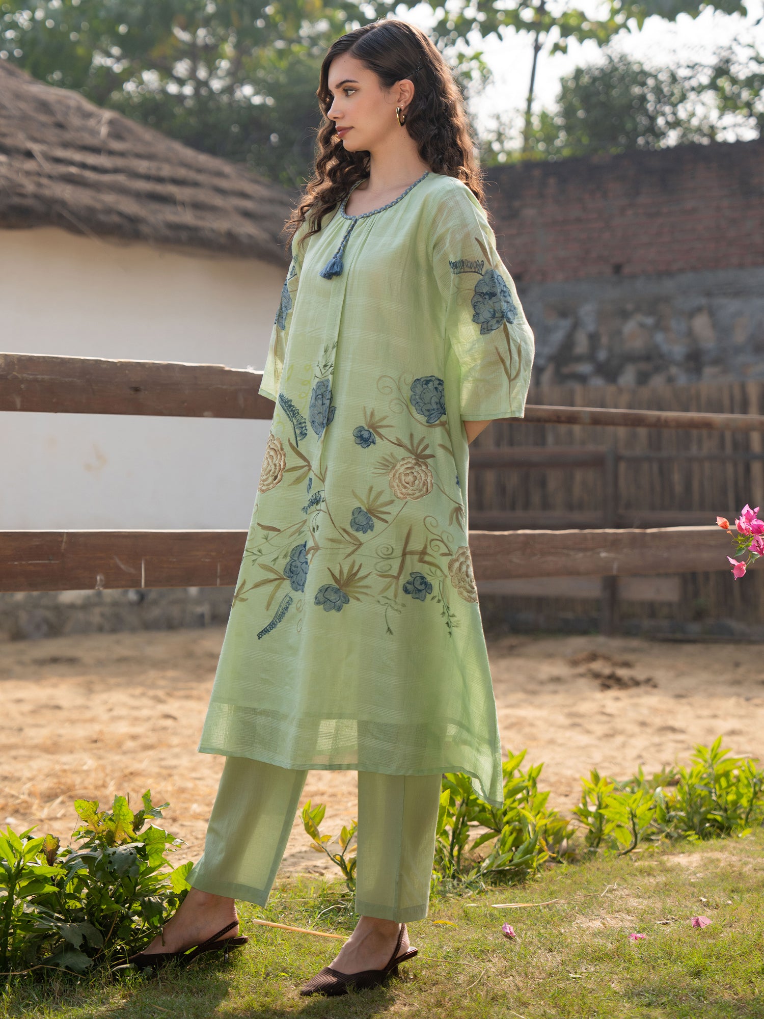 Indo Era Sea Green Printed A-Line Kurta Trousers set