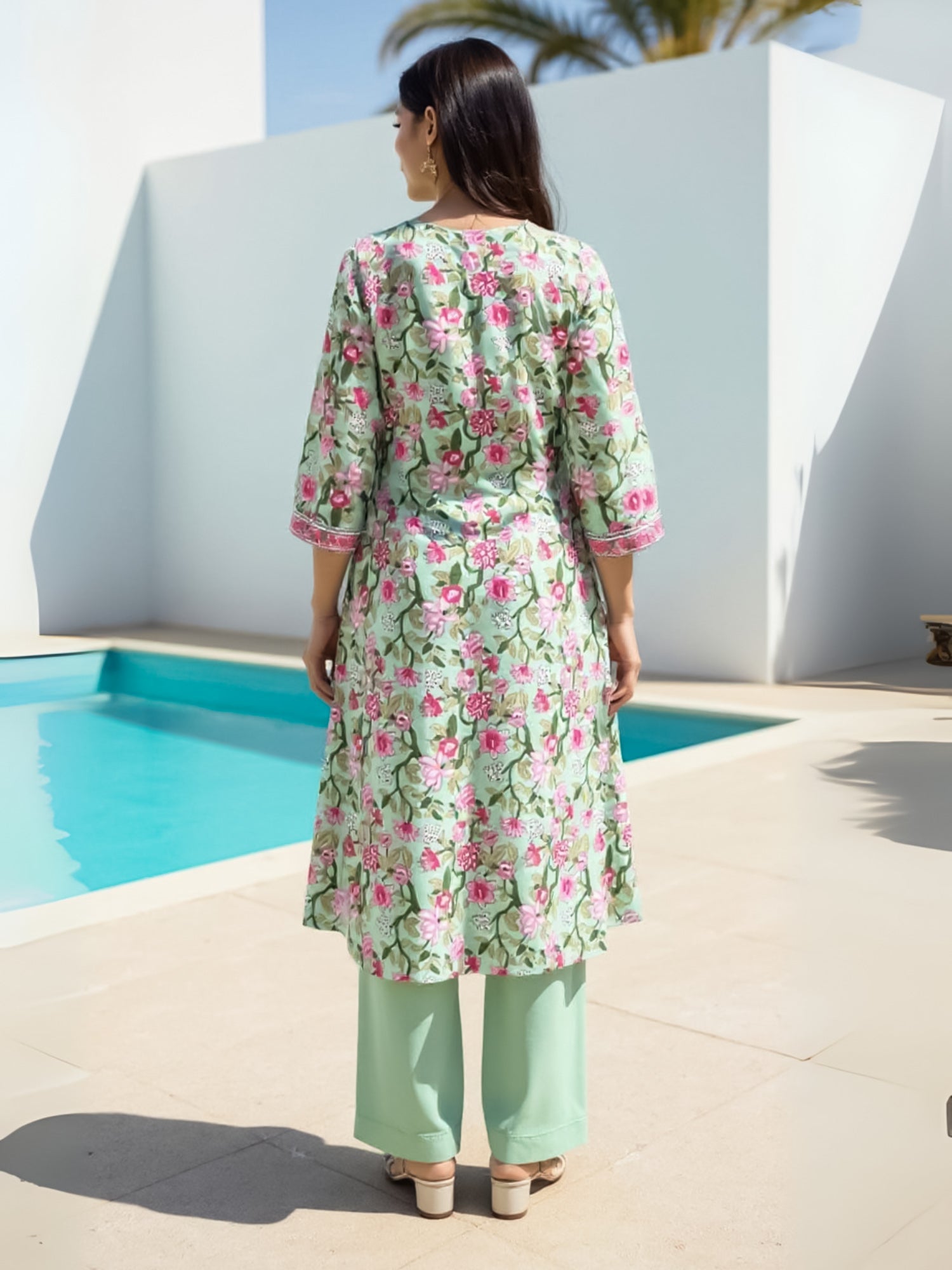 Indo Era Sea Green Printed A-Line Kurta Trousers Set-IE