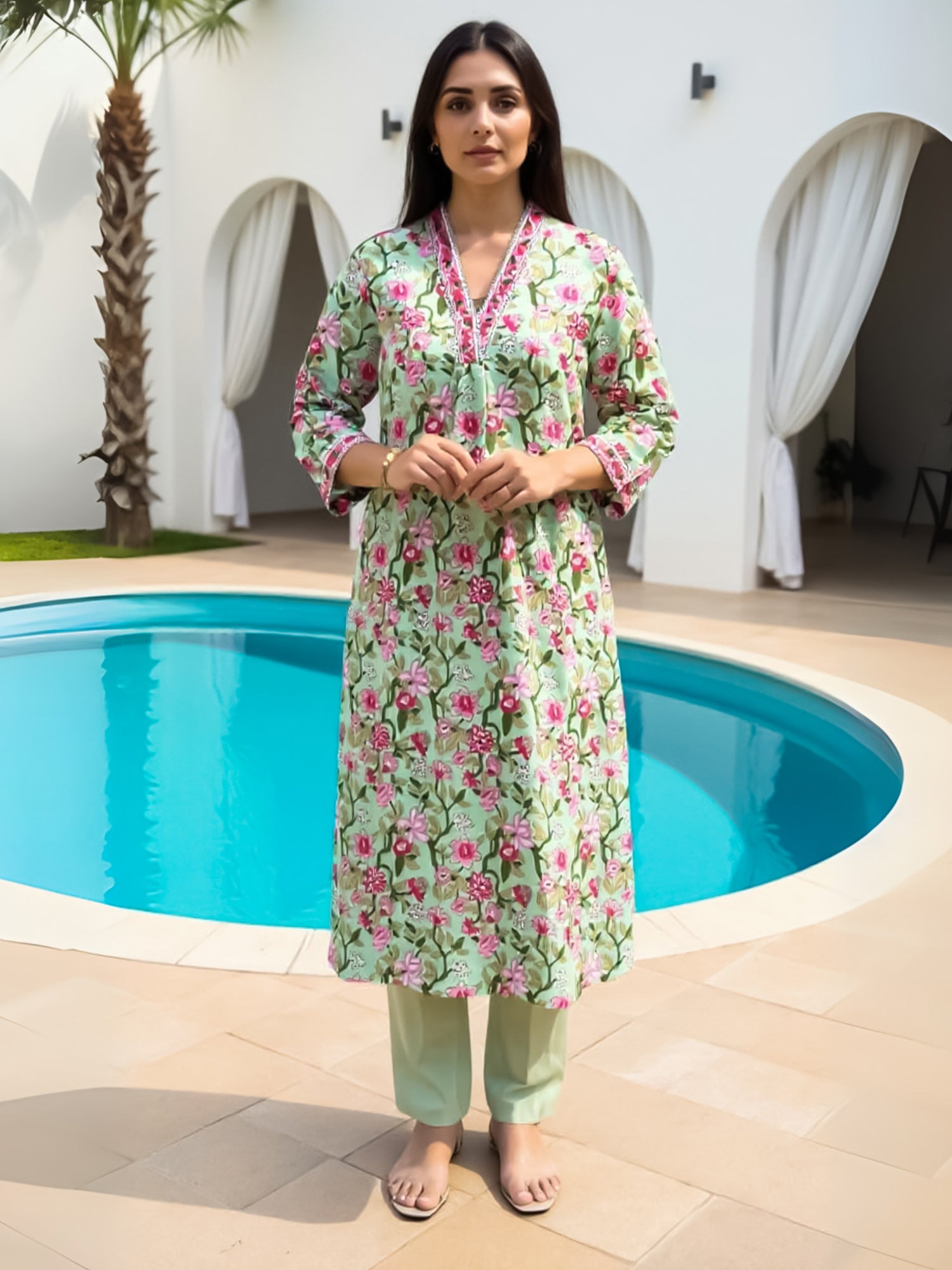 Indo Era Sea Green Printed A-Line Kurta Trousers Set-IE