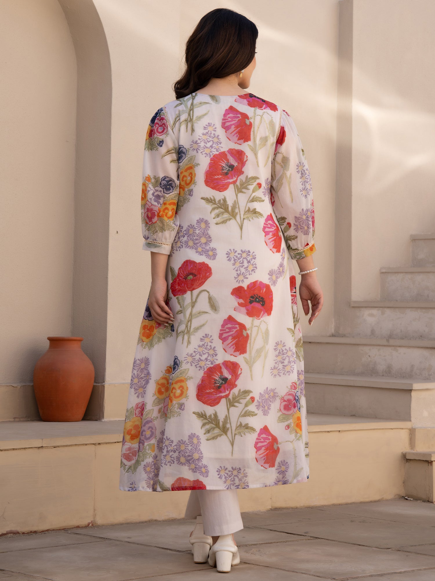 Indo Era White Printed A-Line Kurta Trousers set