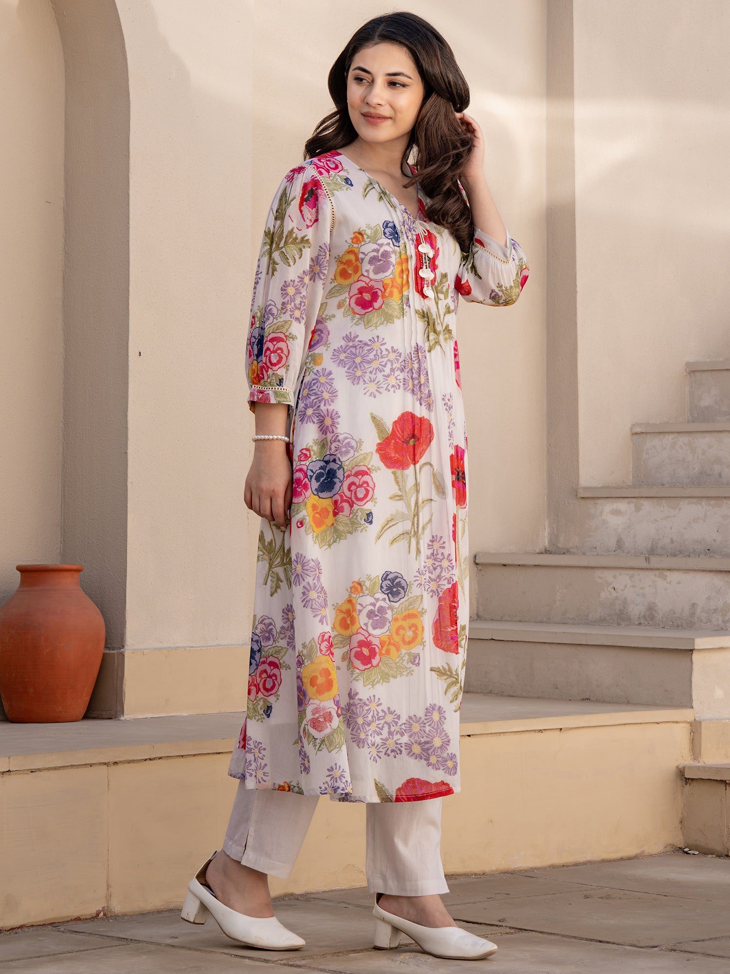 Indo Era White Printed A-Line Kurta Trousers set
