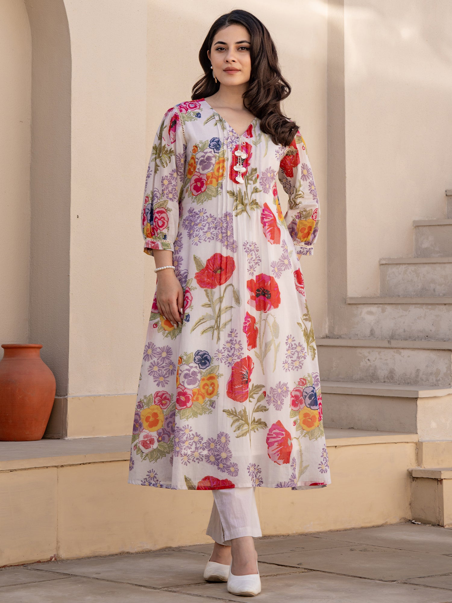 Indo Era White Printed A-Line Kurta Trousers set