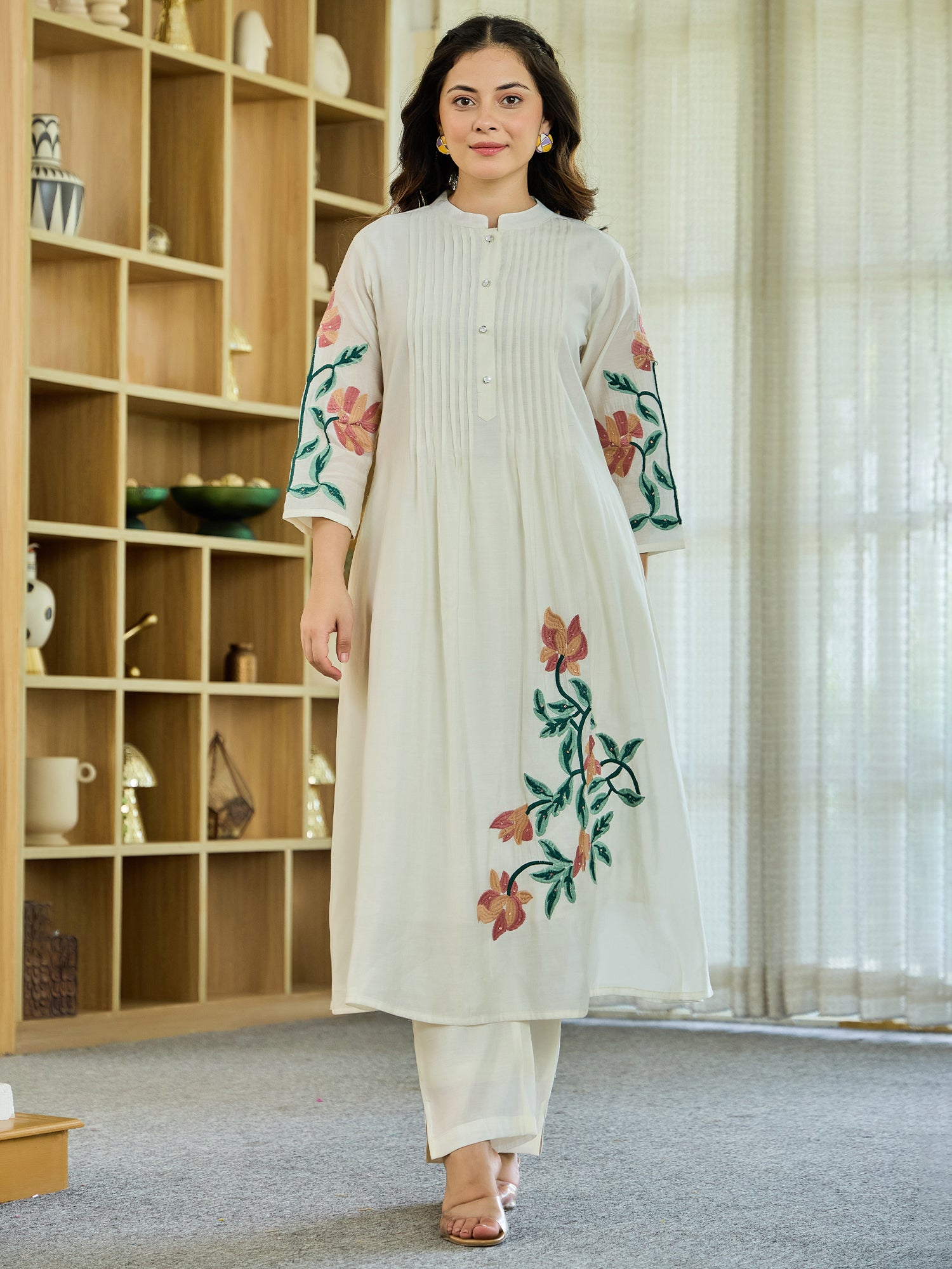 Indo Era White Embroidered A-Line Kurta Trousers set