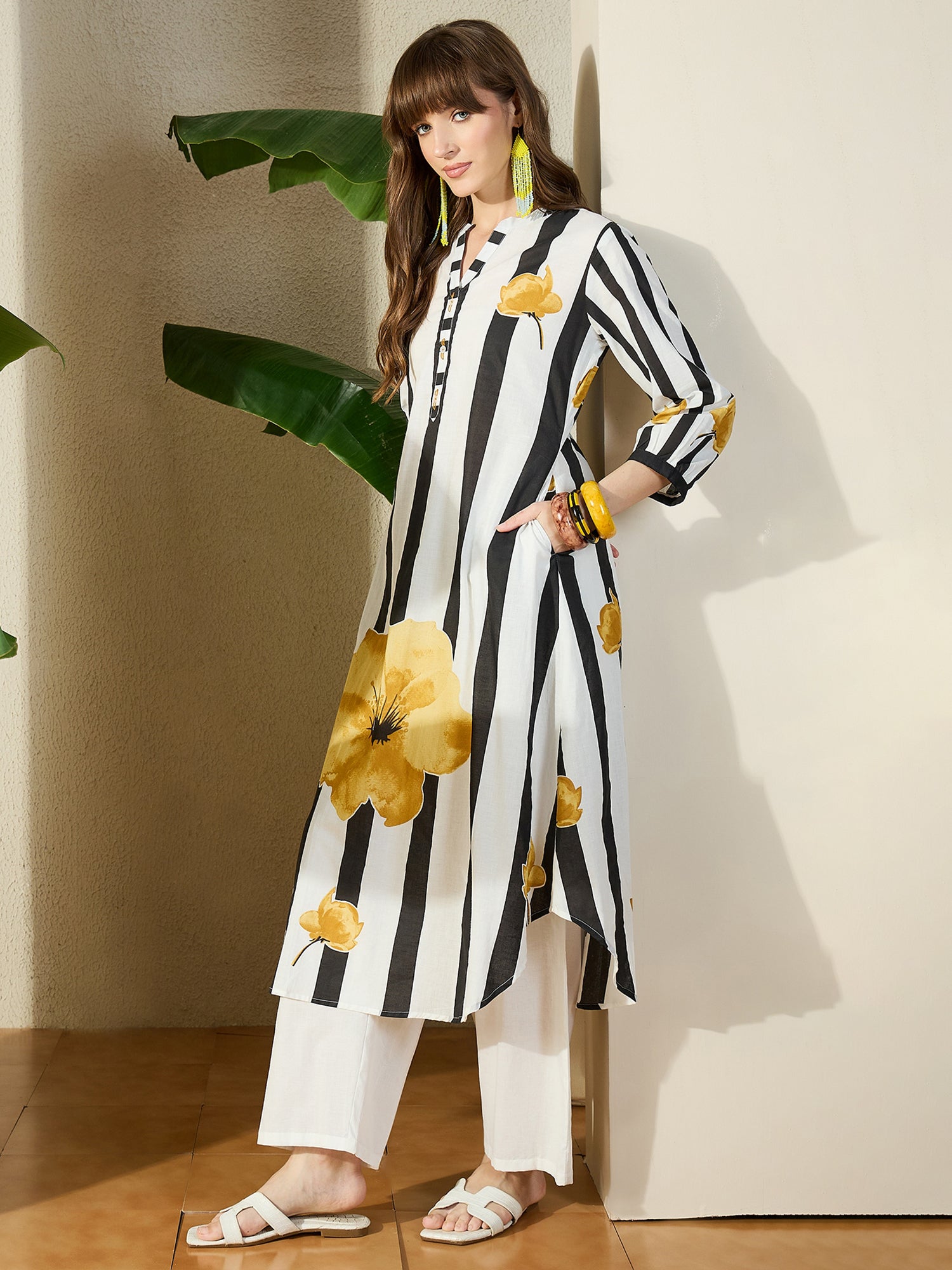 Indo Era White Printed A-Line Kurta Trousers NA Set-IE