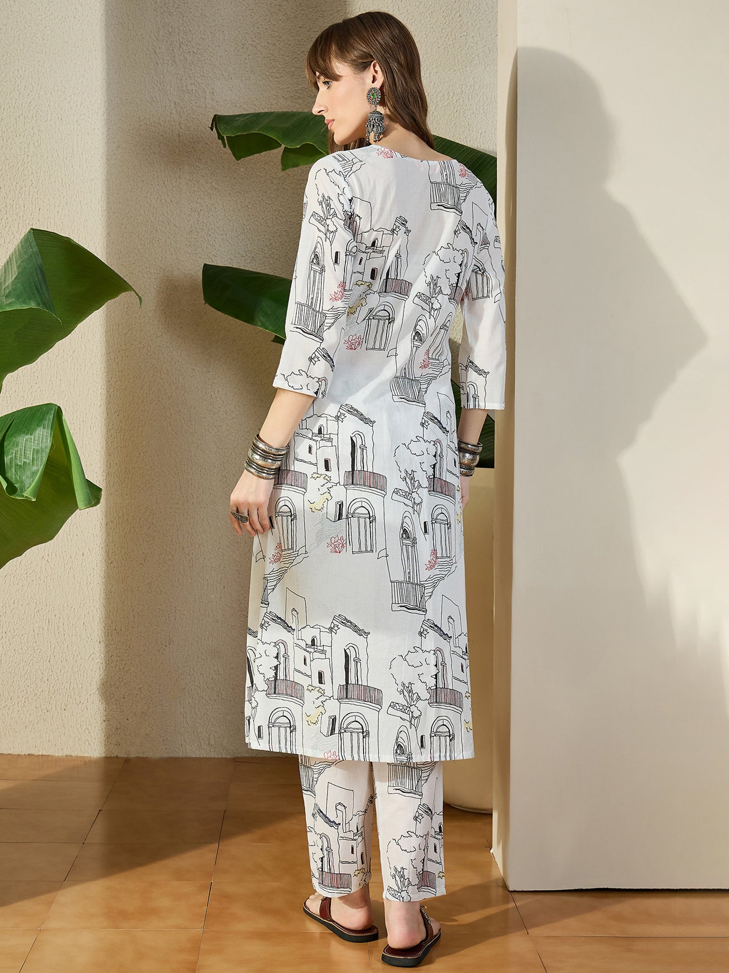 Indo Era White Printed A-Line Kurta Trousers set-IE