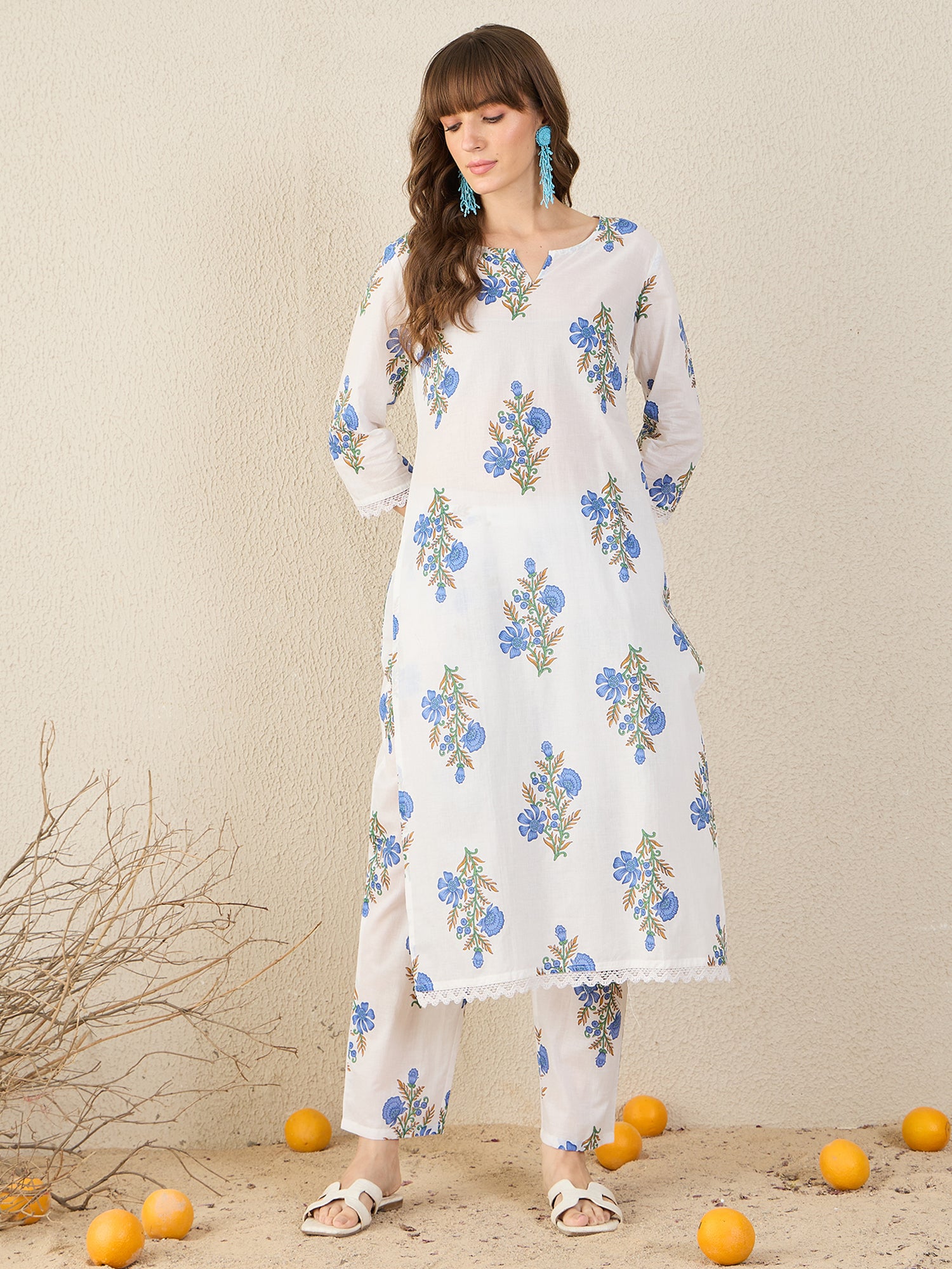 Indo Era White Printed Straight Kurta Trousers Set-IE