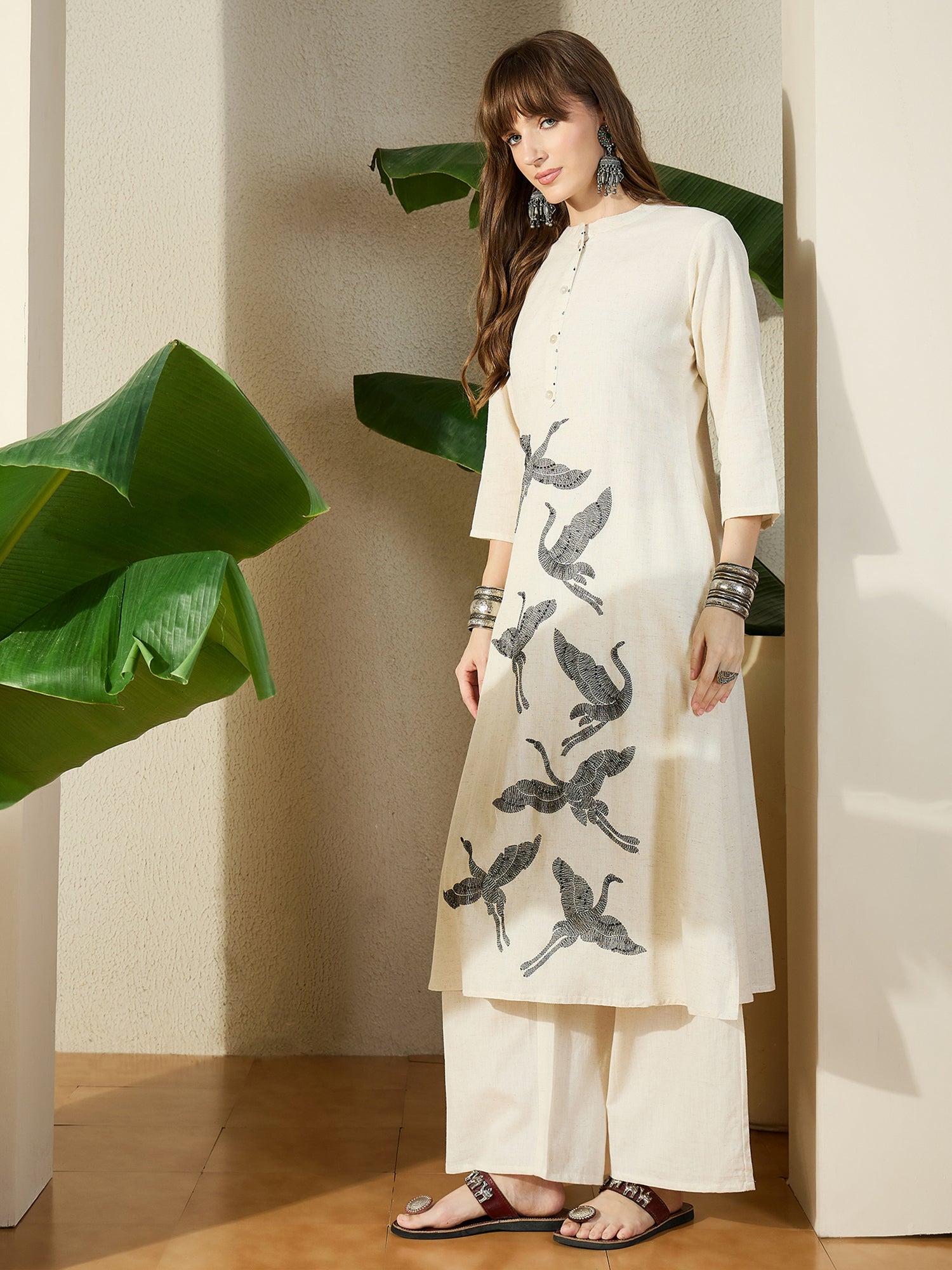 Indo Era White Embroidered A-Line Kurta Palazzos NA Set-IE