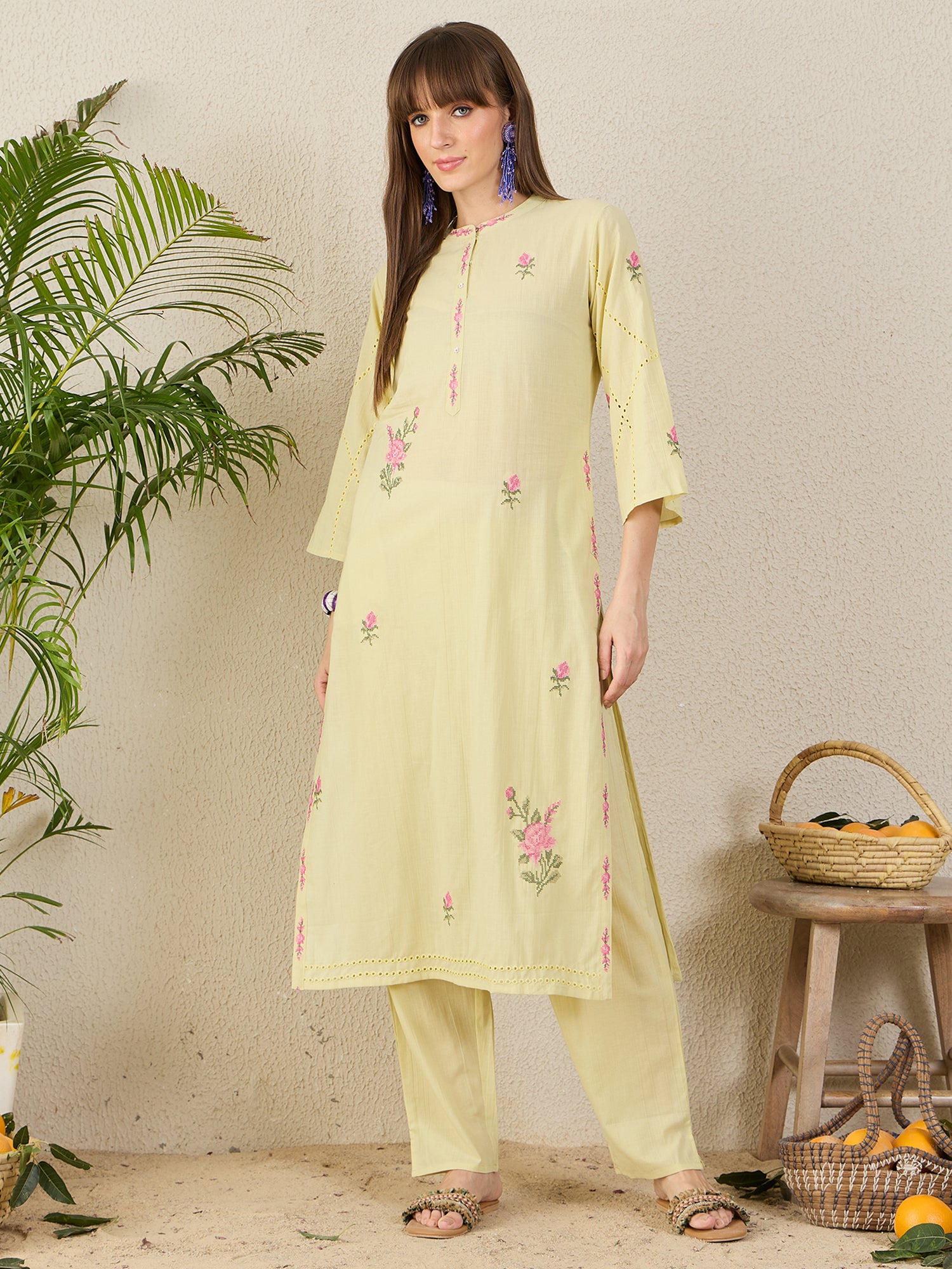 Indo Era Green Embroidered Straight Kurta Trousers Set-IE