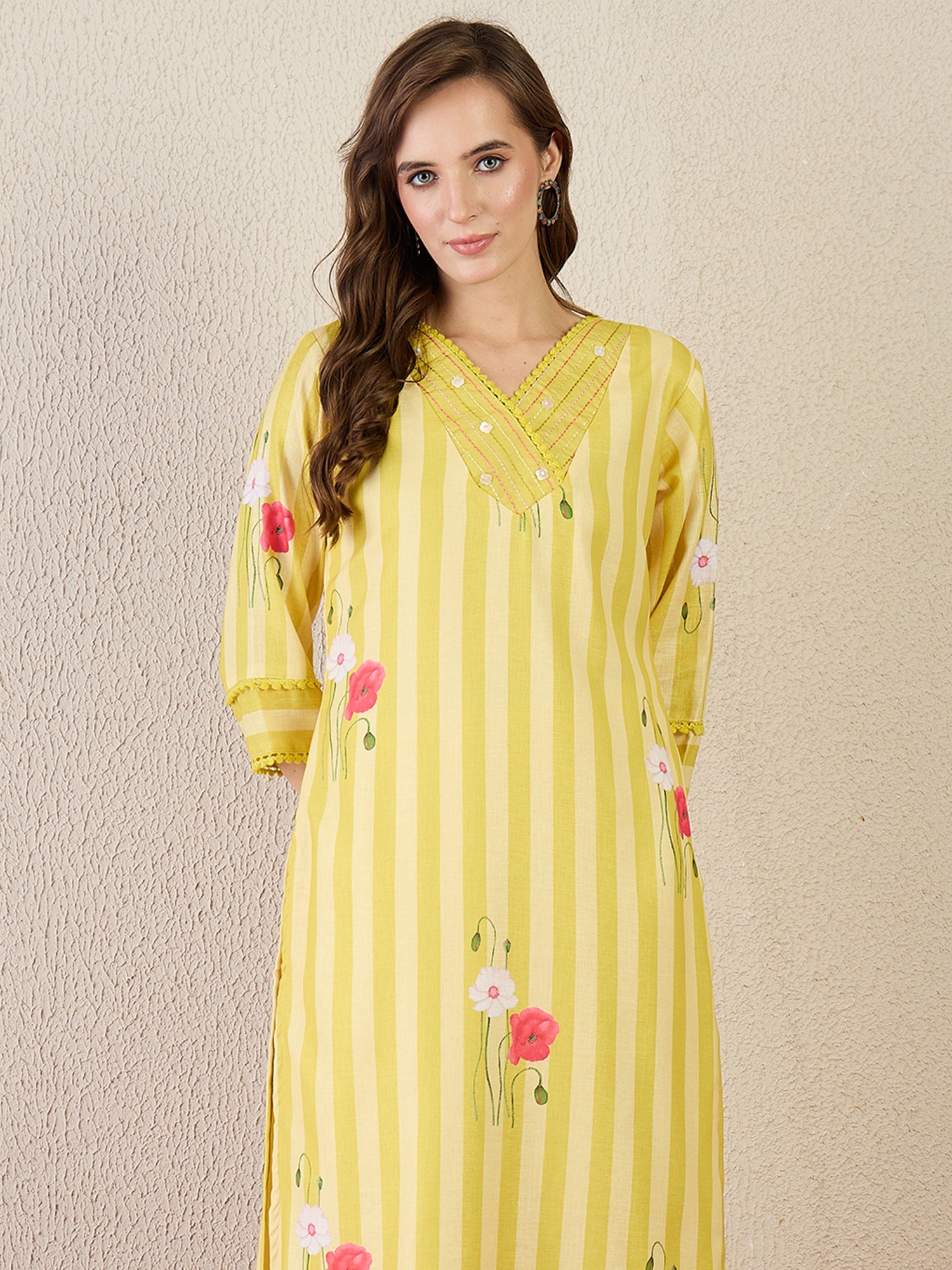 Indo Era Yellow Printed Straight Kurta Trousers Set