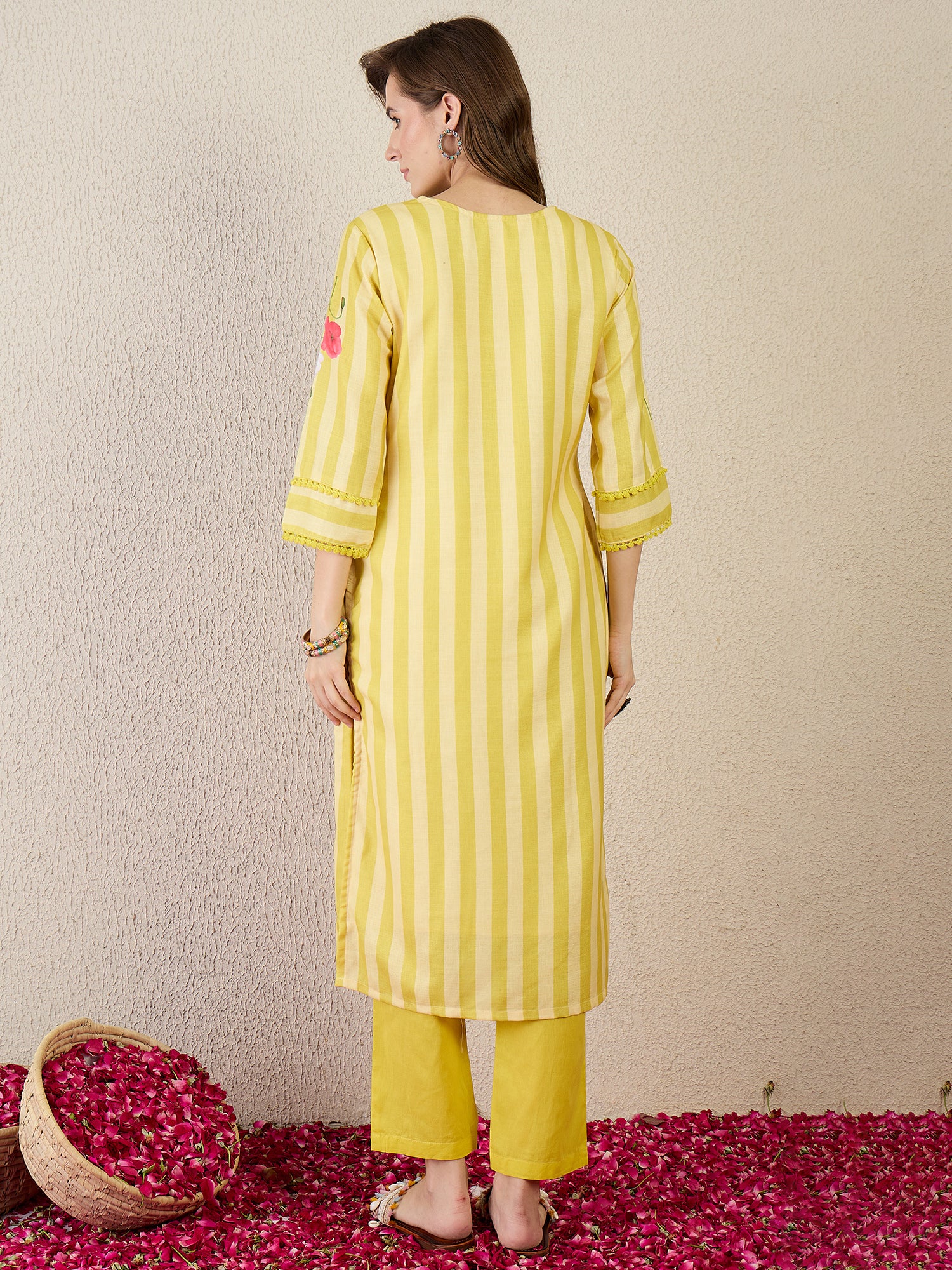 Indo Era Yellow Printed Straight Kurta Trousers Set