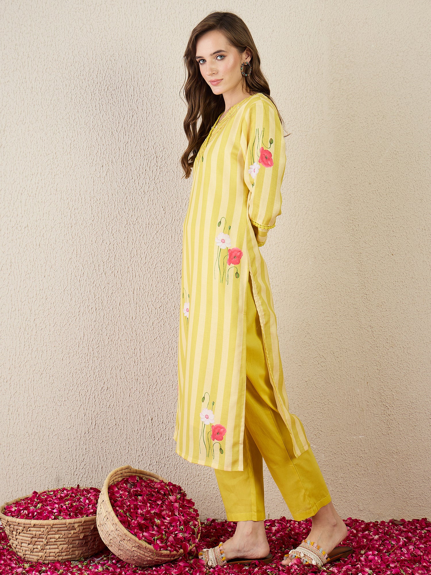 Indo Era Yellow Printed Straight Kurta Trousers Set