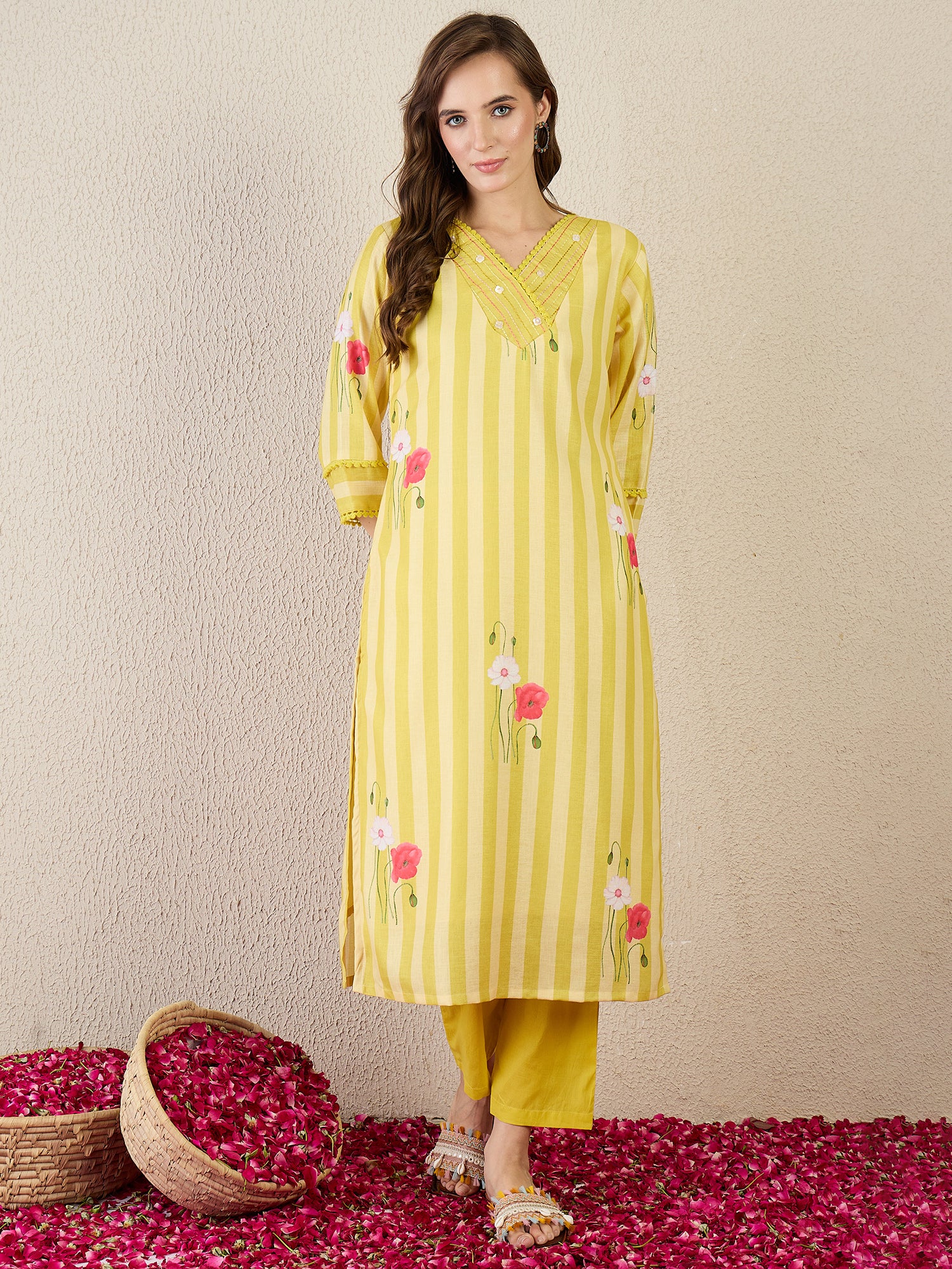 Indo Era Yellow Printed Straight Kurta Trousers Set