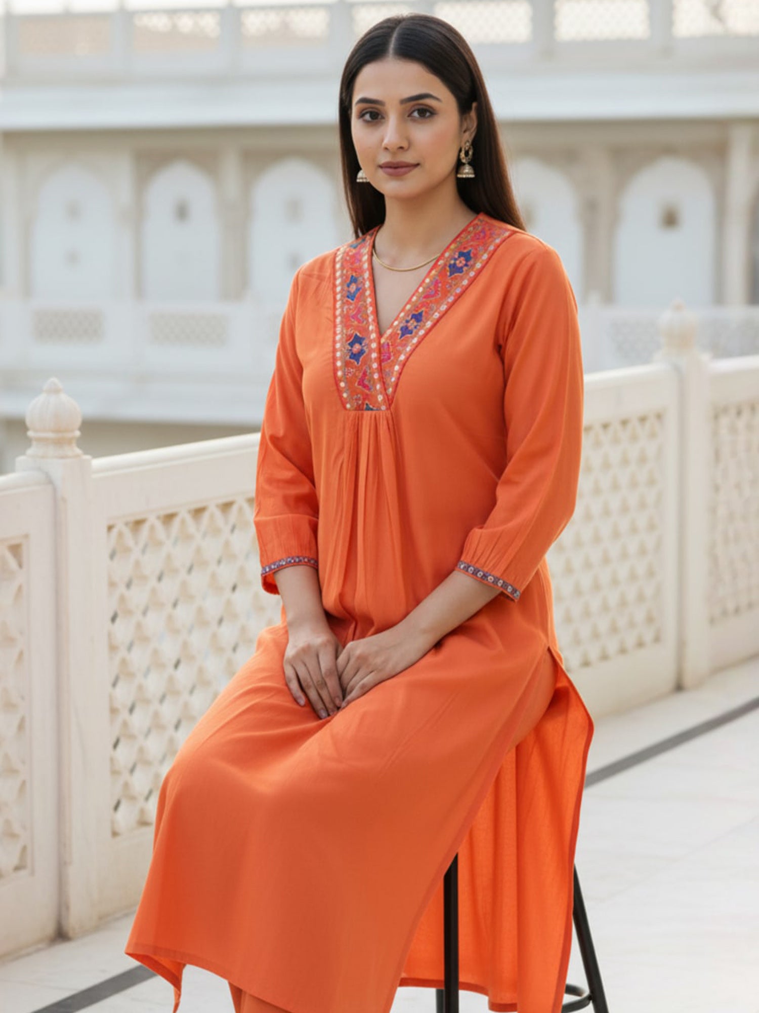 Indo Era Orange Embroidered Straight Kurta Trousers Set-IE