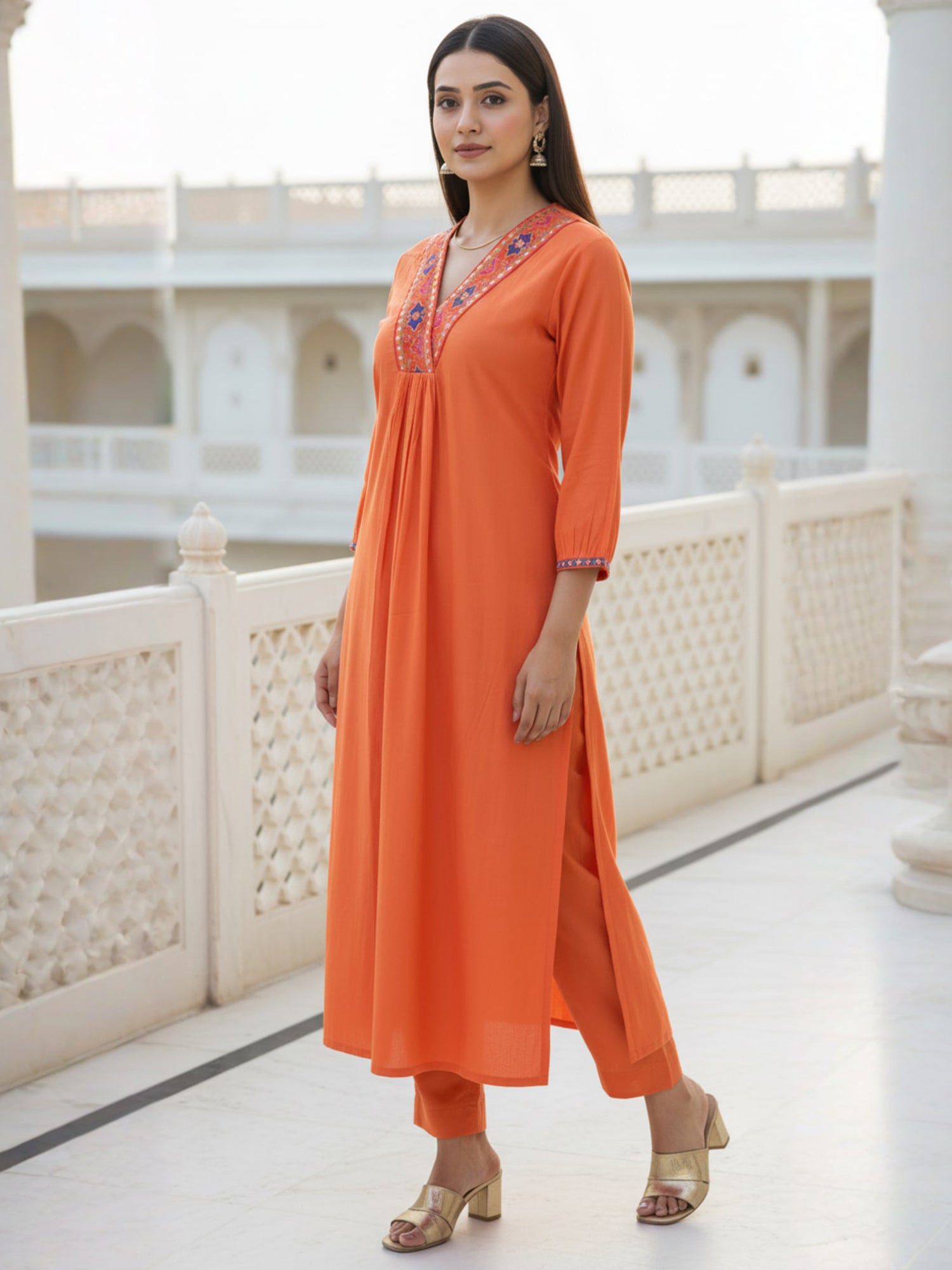 Indo Era Orange Embroidered Straight Kurta Trousers Set-IE