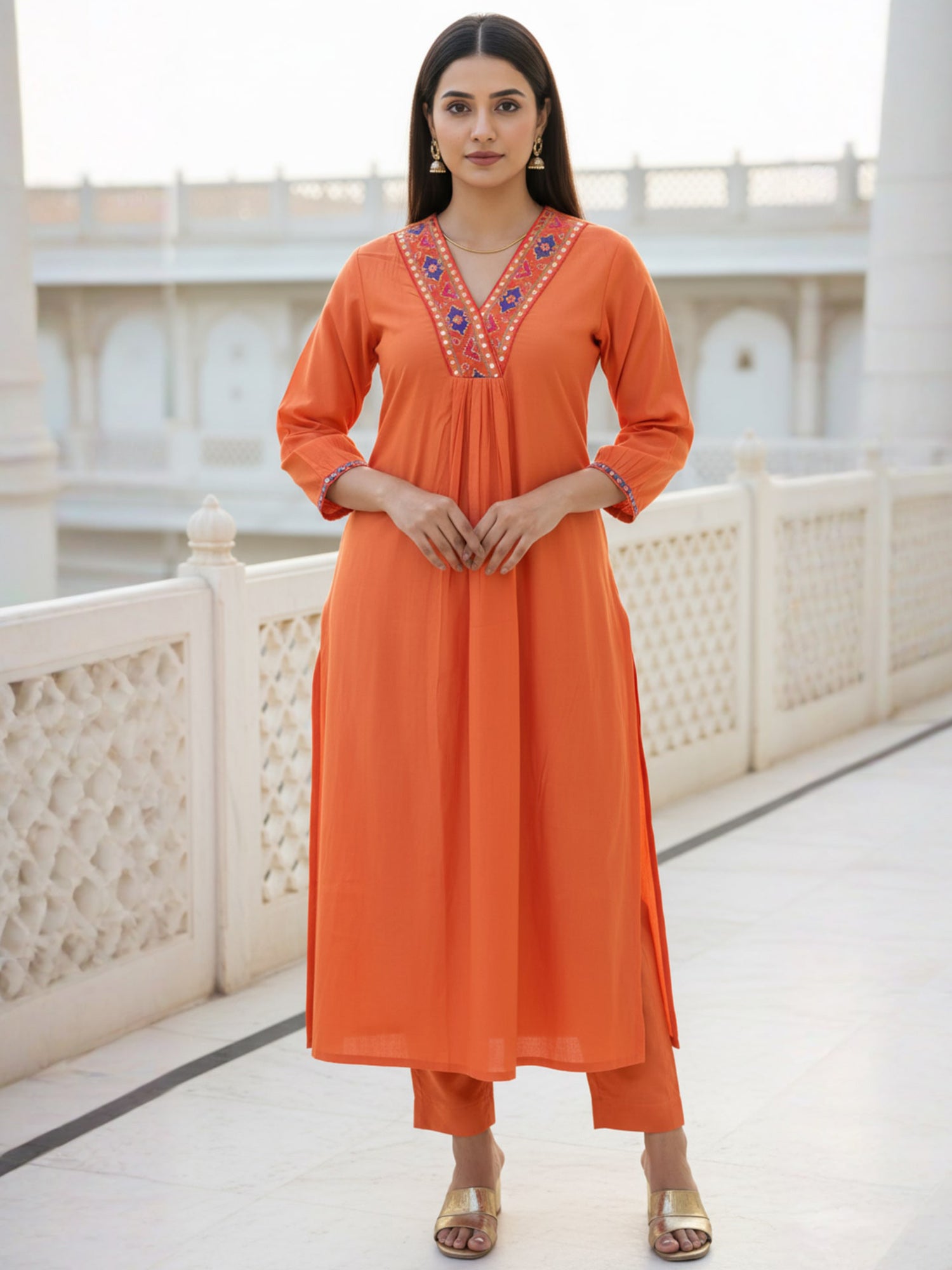 Indo Era Orange Embroidered Straight Kurta Trousers Set-IE