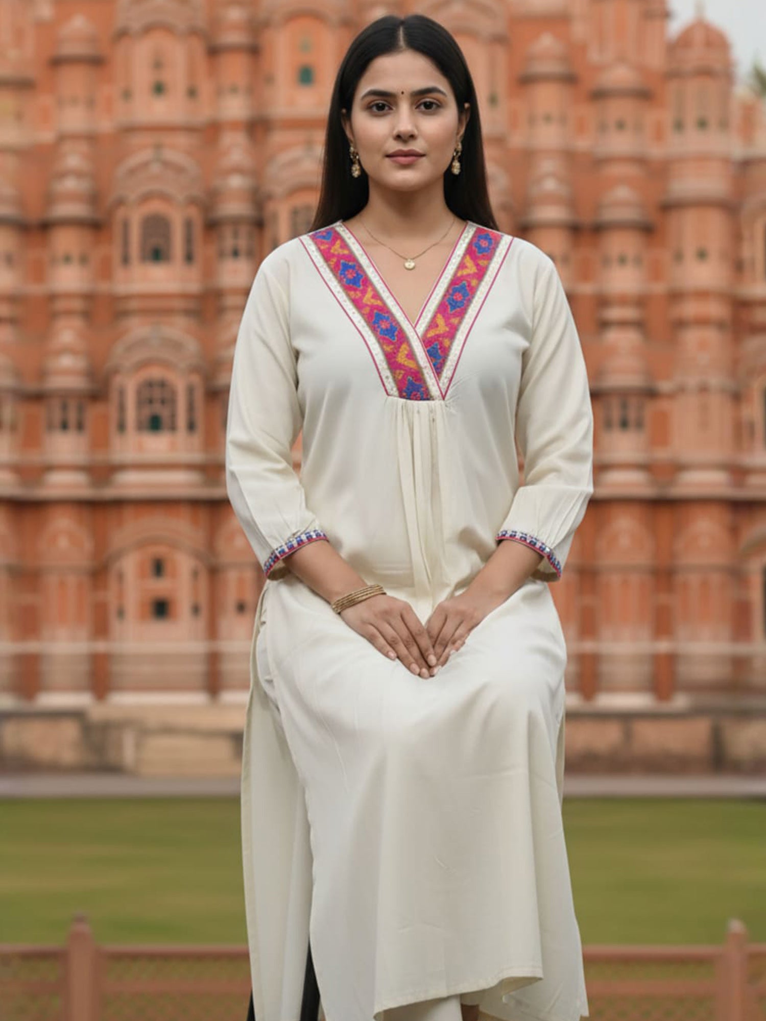 Indo Era Off White Embroidered A-Line Kurta Trousers Set-IE
