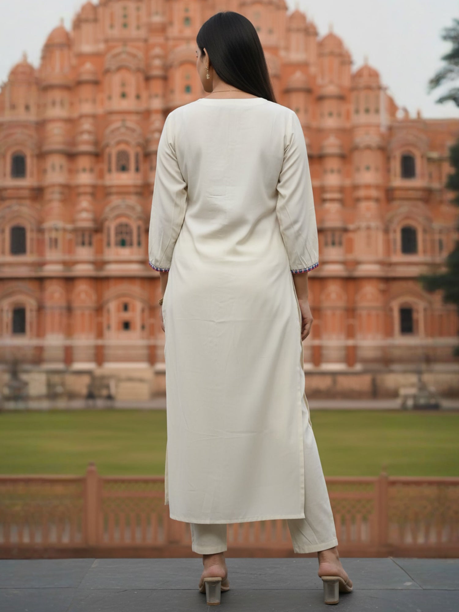 Indo Era Off White Embroidered A-Line Kurta Trousers Set-IE
