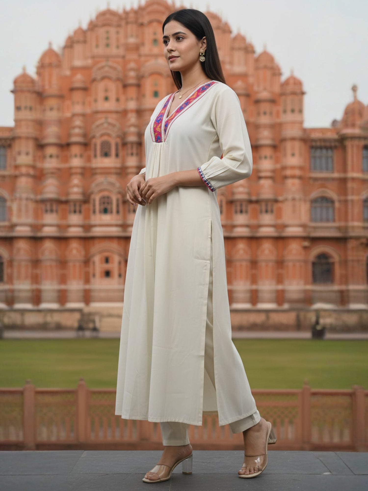 Indo Era Off White Embroidered A-Line Kurta Trousers Set-IE