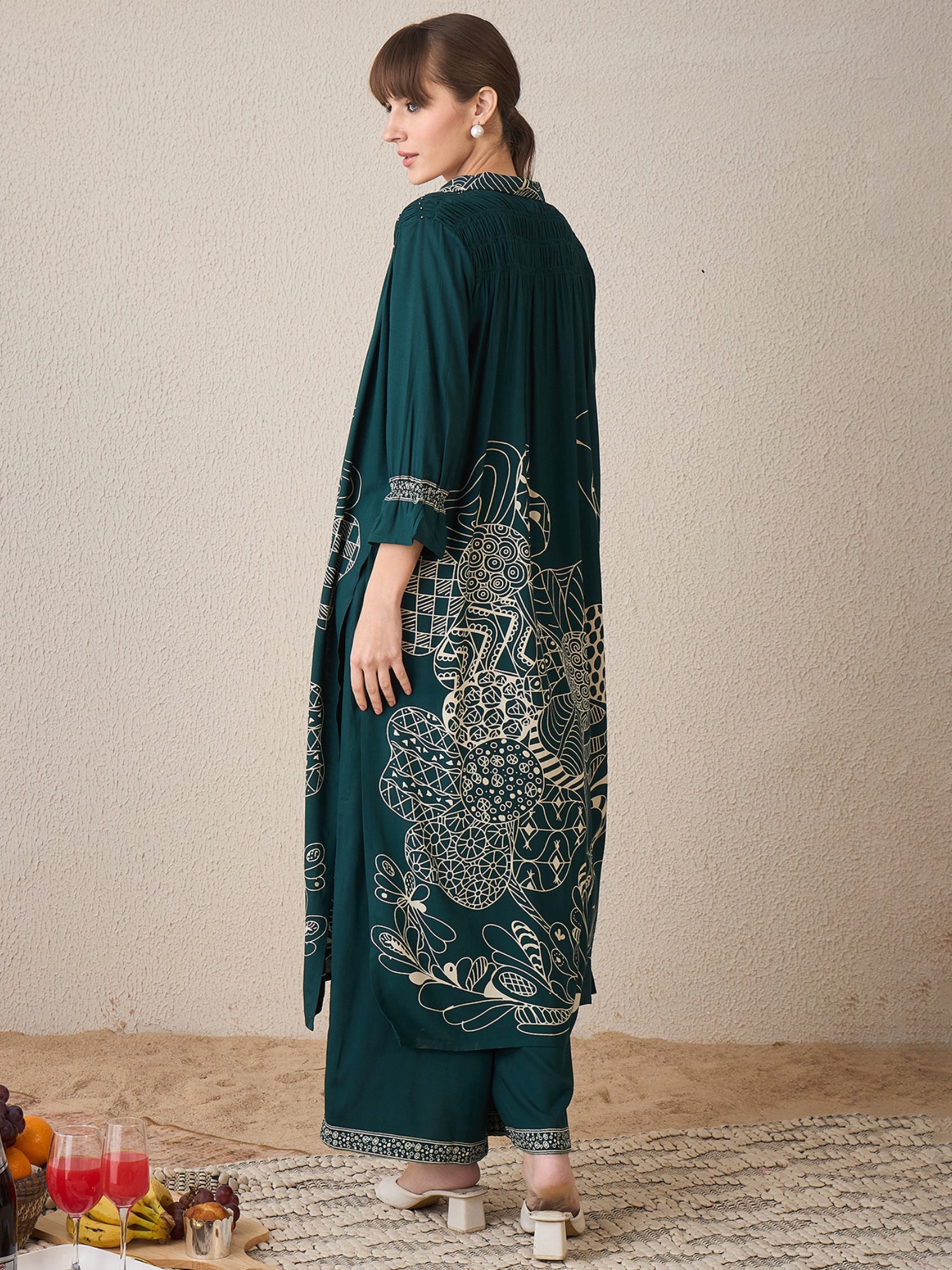 Indo Era Green Printed A-Line Kurta Trousers set