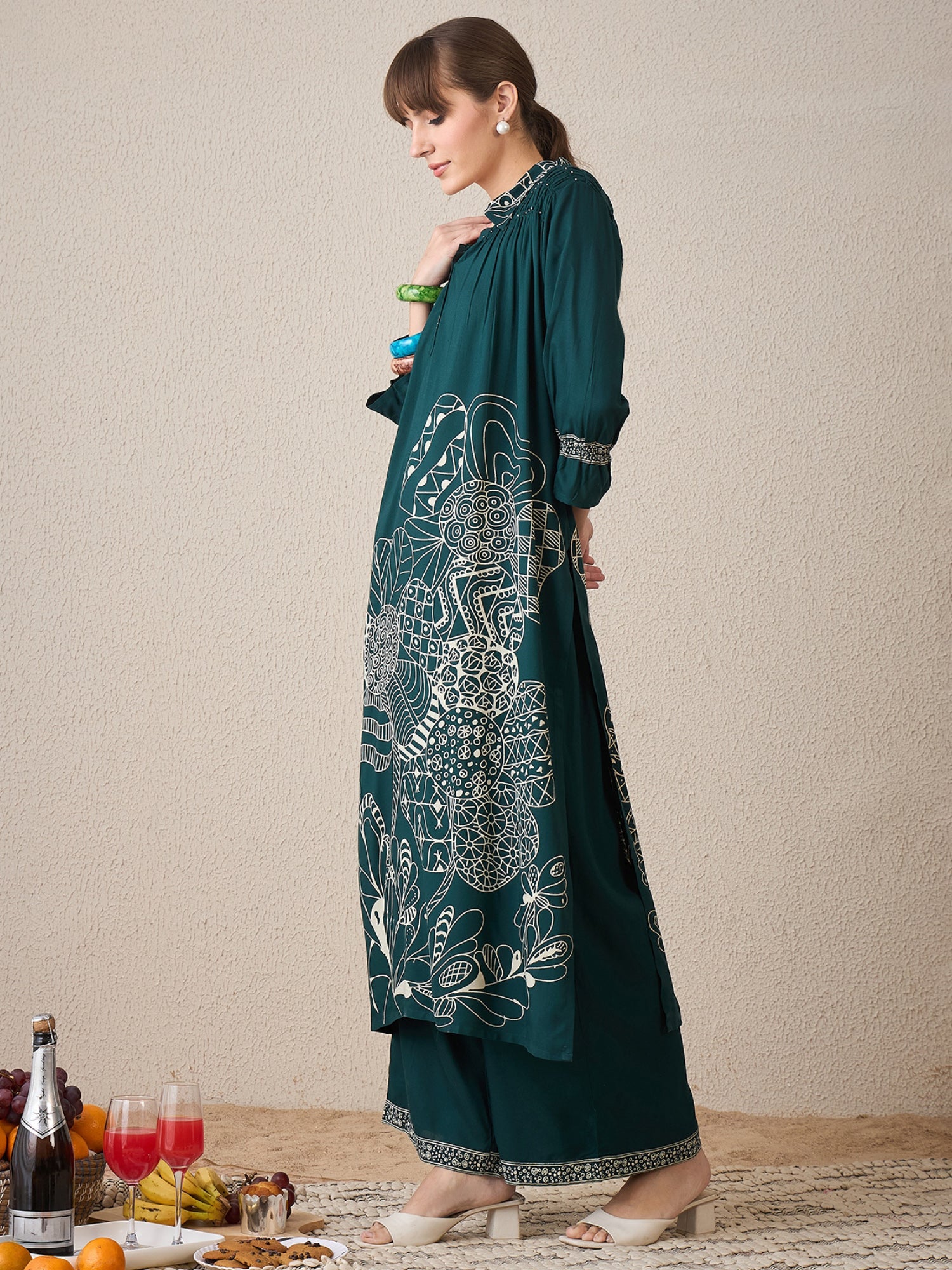 Indo Era Green Printed A-Line Kurta Trousers set