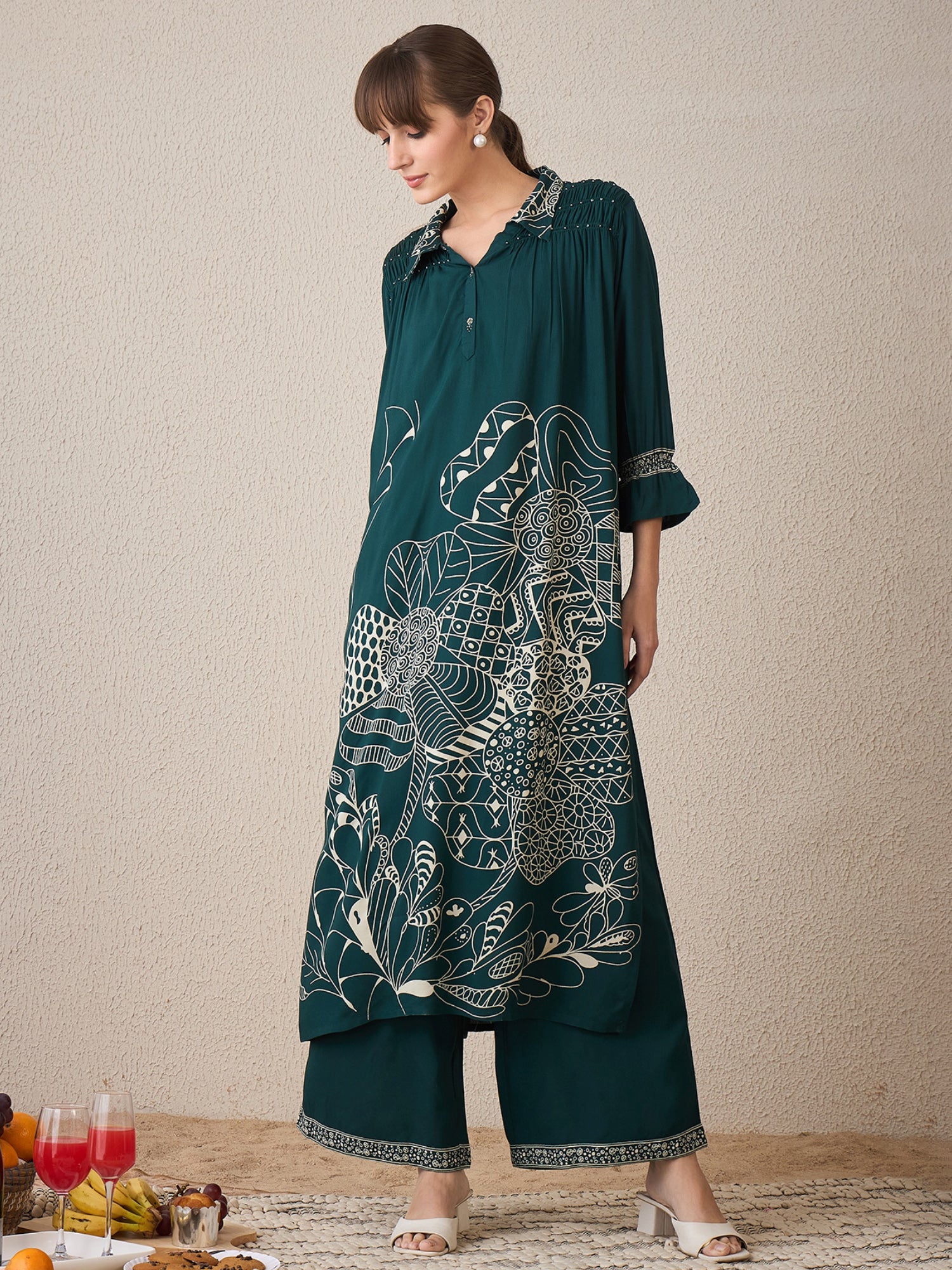 Indo Era Green Printed A-Line Kurta Trousers set