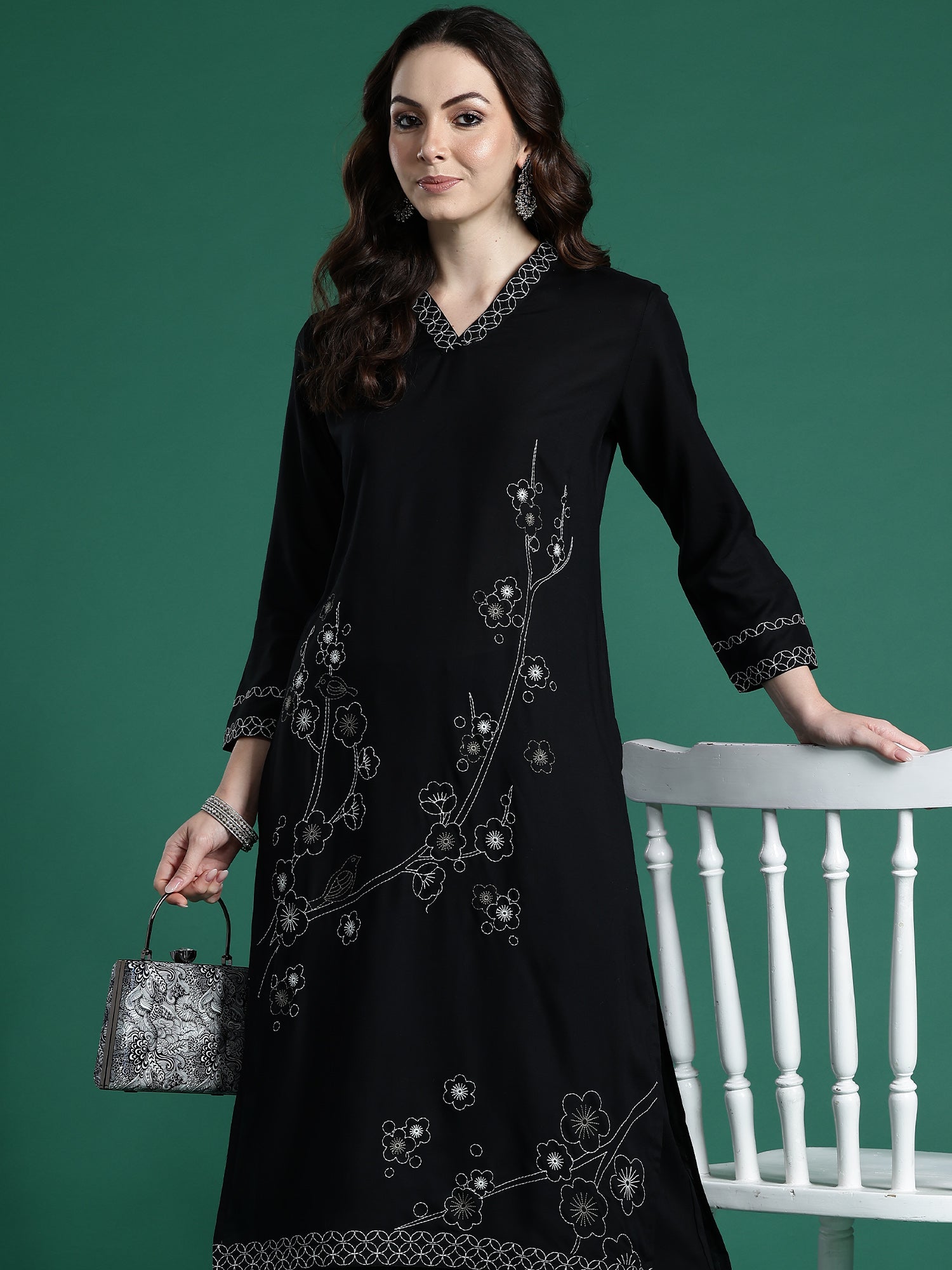 Indo era Black Embroidered Straight Kurta Trousers Set