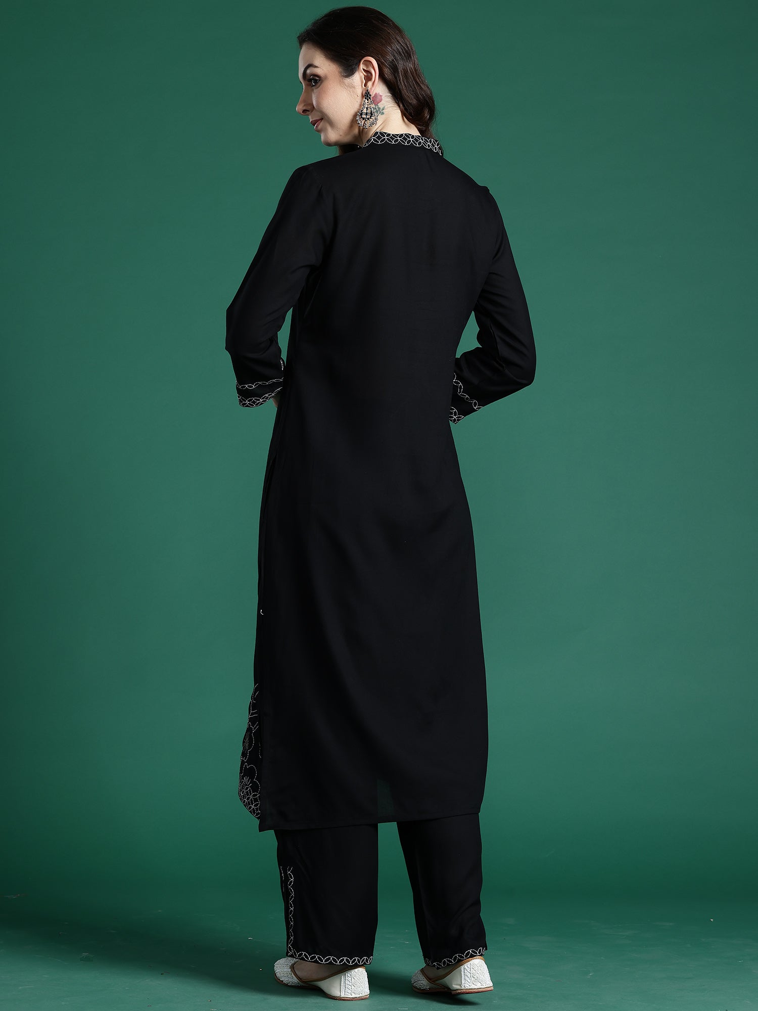 Indo era Black Embroidered Straight Kurta Trousers Set