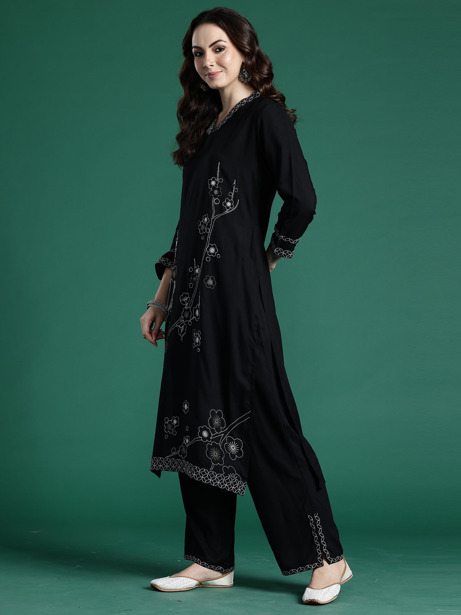 Indo era Black Embroidered Straight Kurta Trousers Set