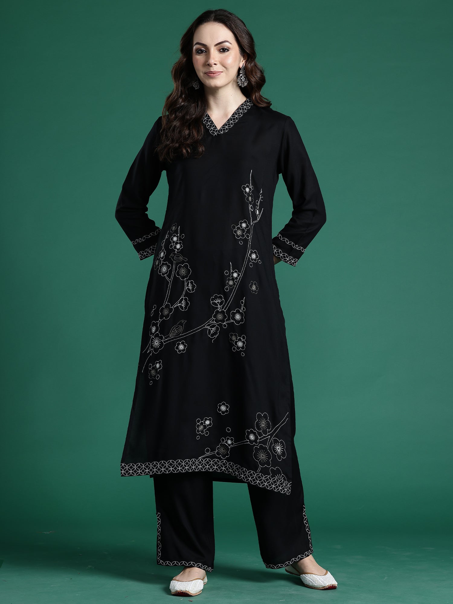 Indo era Black Embroidered Straight Kurta Trousers Set