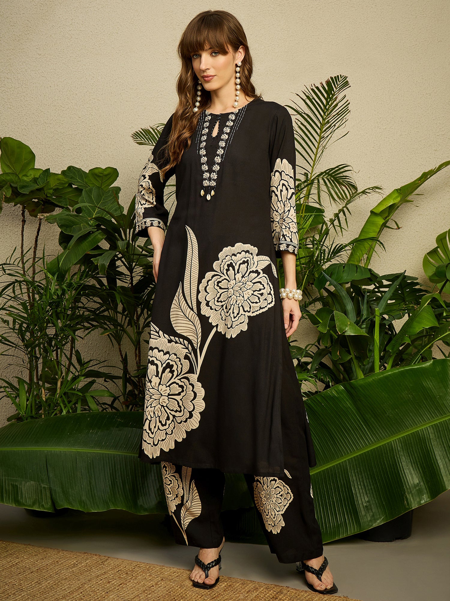 Indo era Black Printed Straight Kurta Palazzos Set-IE