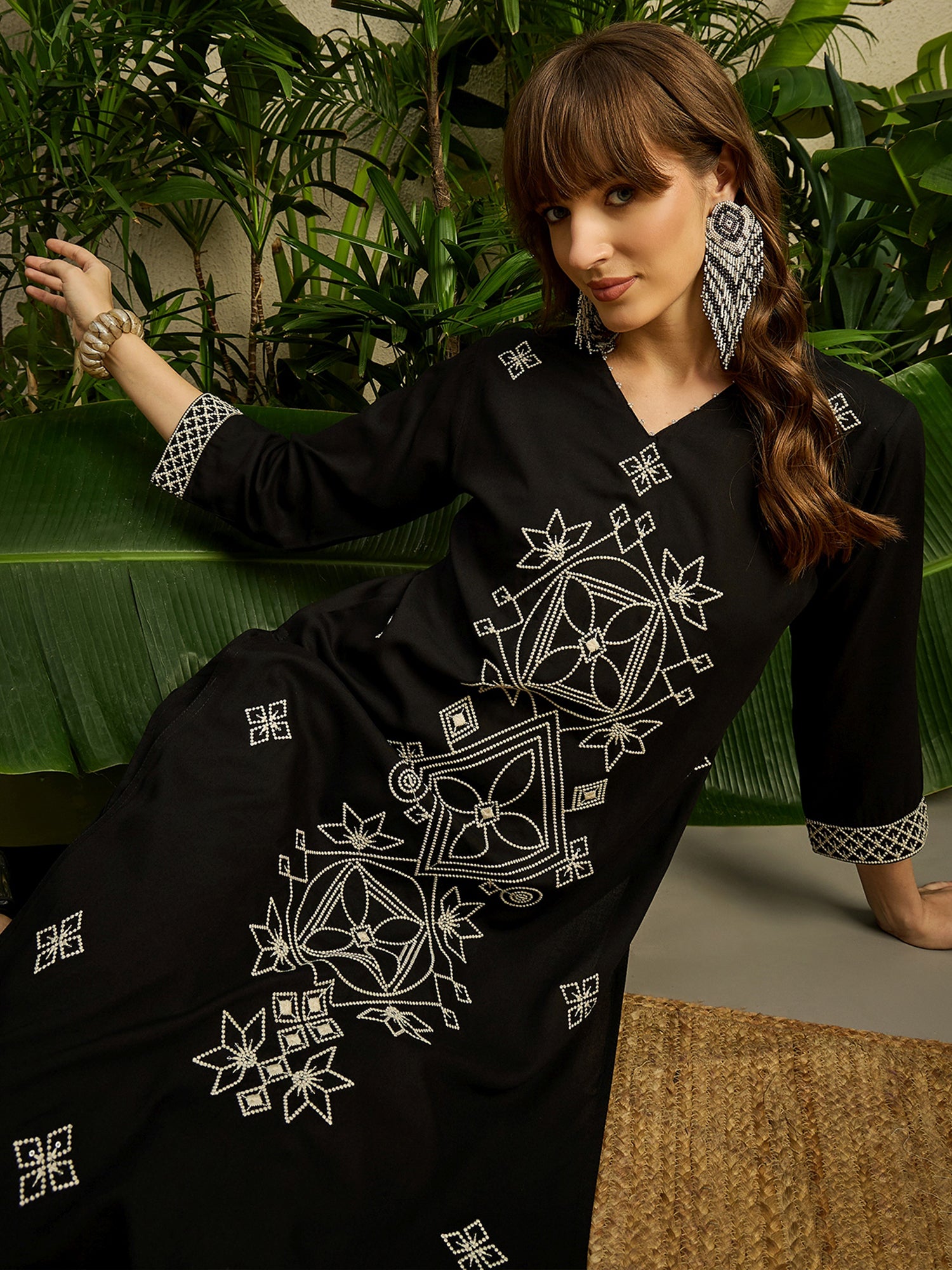 Indo Era Black Embroidered Straight Kurta Trousers Set-IE