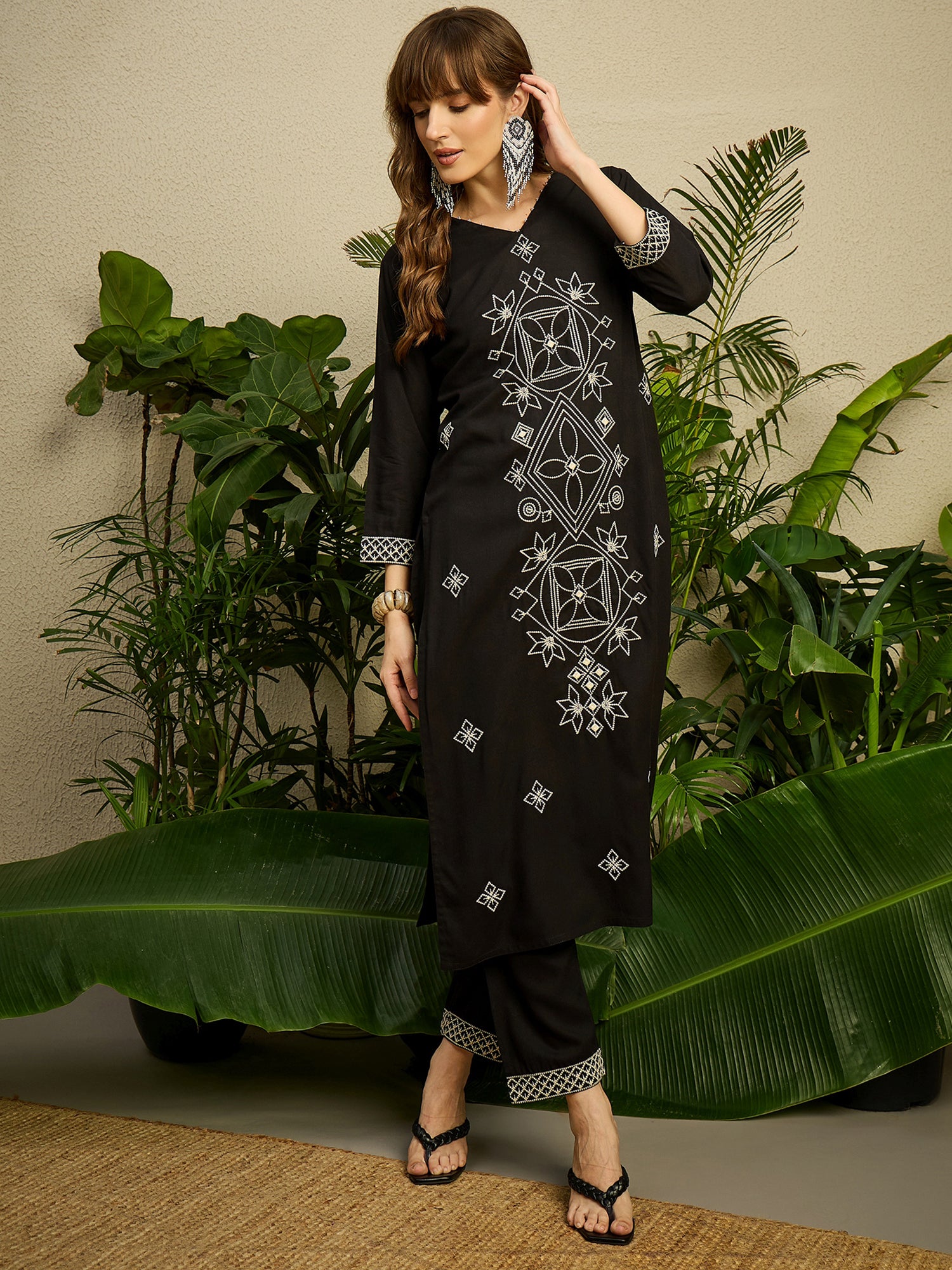 Indo Era Black Embroidered Straight Kurta Trousers Set-IE