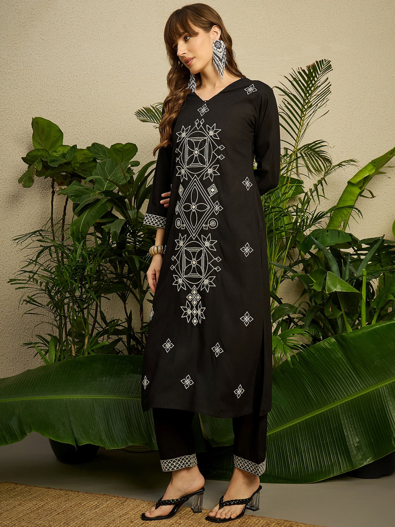 Indo Era Black Embroidered Straight Kurta Trousers Set-IE