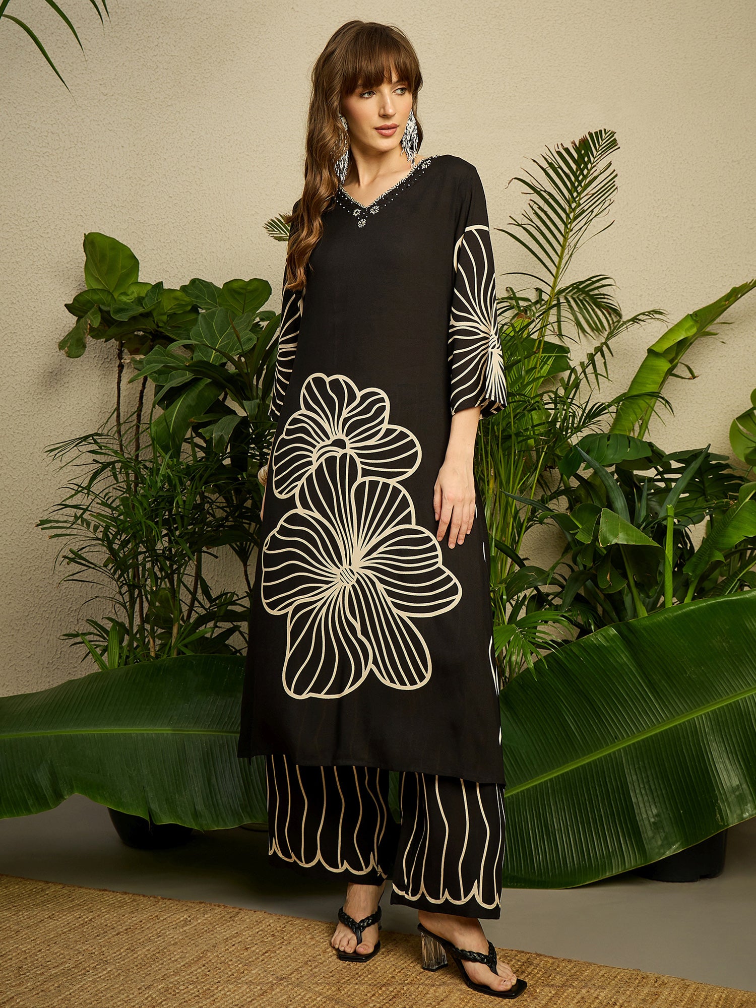 Indo Era Black Printed Straight Kurta Trousers Set-IE