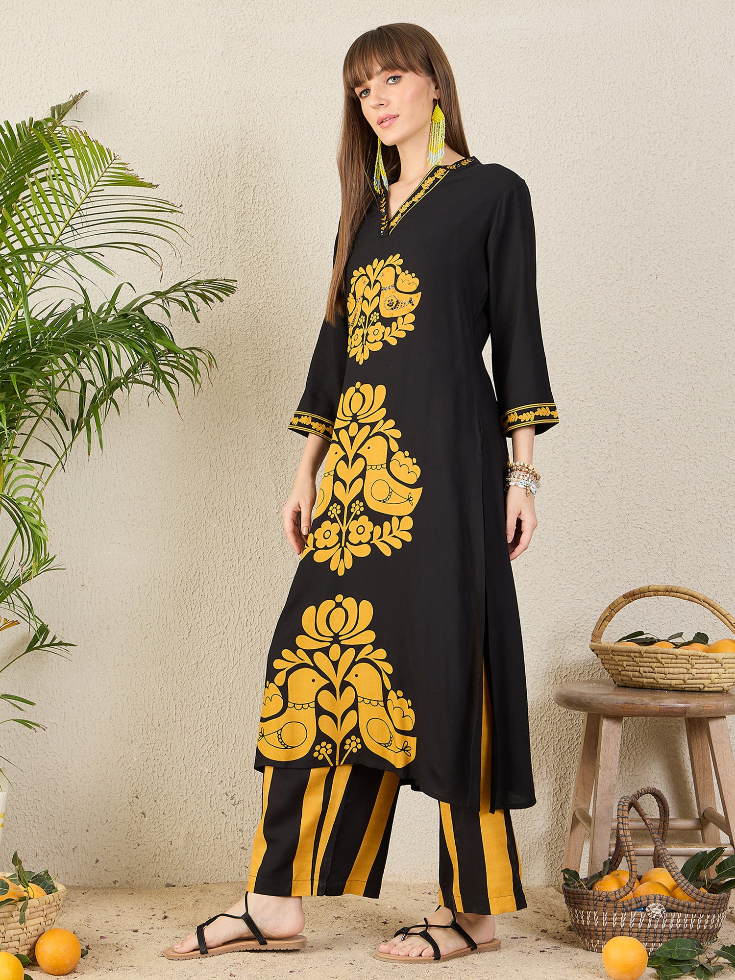 Indo Era Black Printed A-Line Kurta Palazzos NA Set-IE
