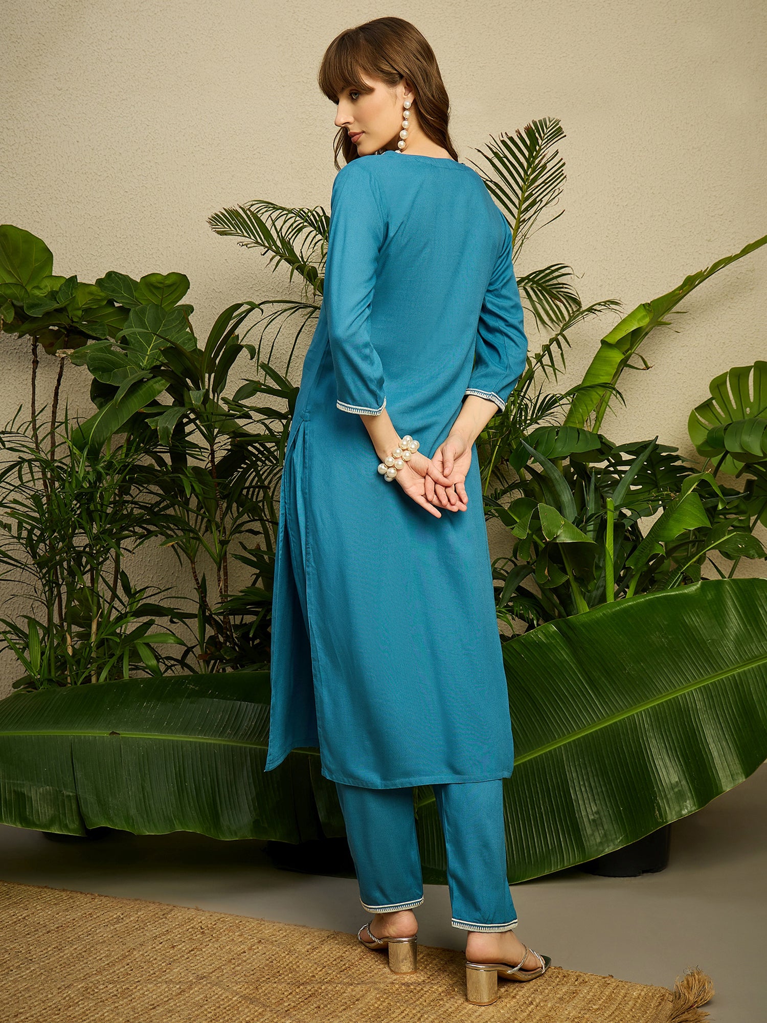 Indo Era Blue Embroidered Straight Kurta Trousers NA Set-IE