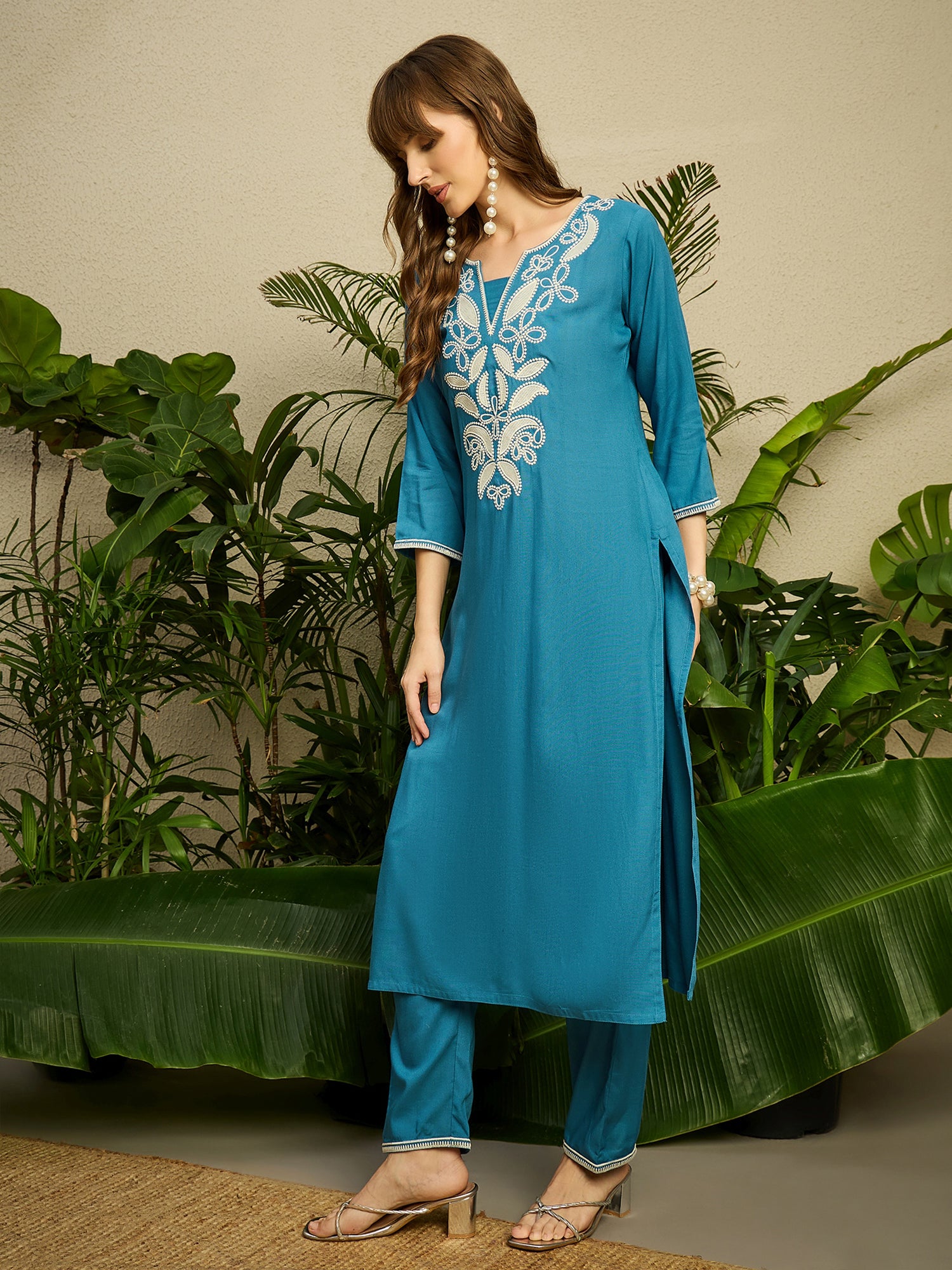 Indo Era Blue Embroidered Straight Kurta Trousers NA Set-IE