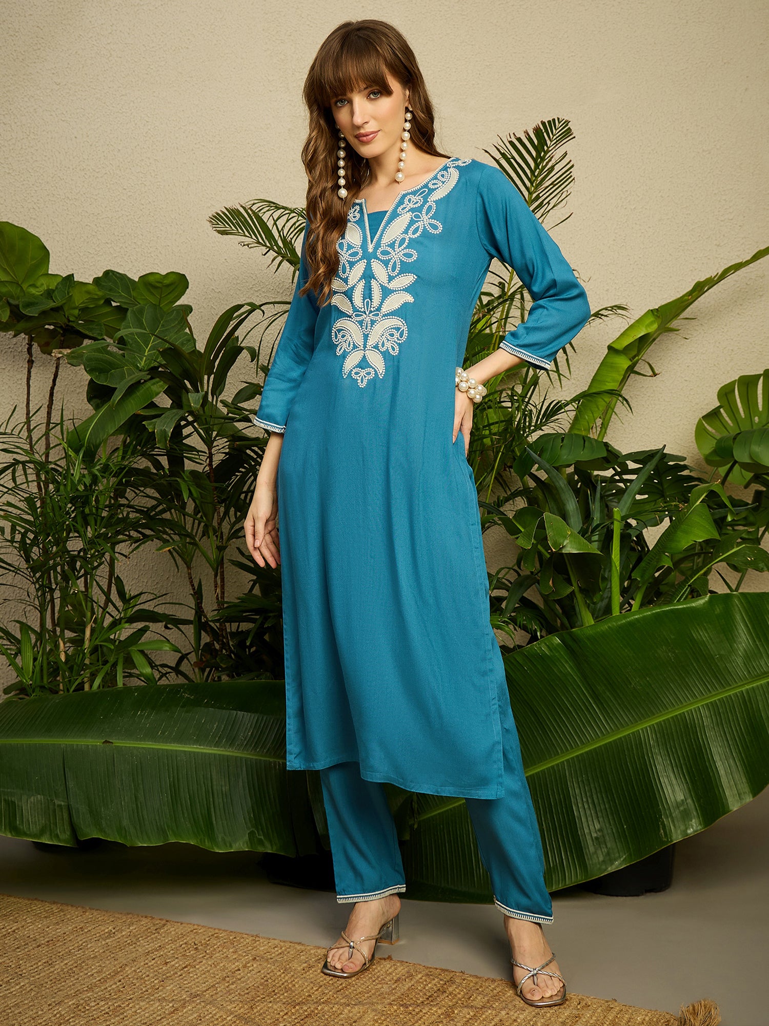 Indo Era Blue Embroidered Straight Kurta Trousers NA Set-IE