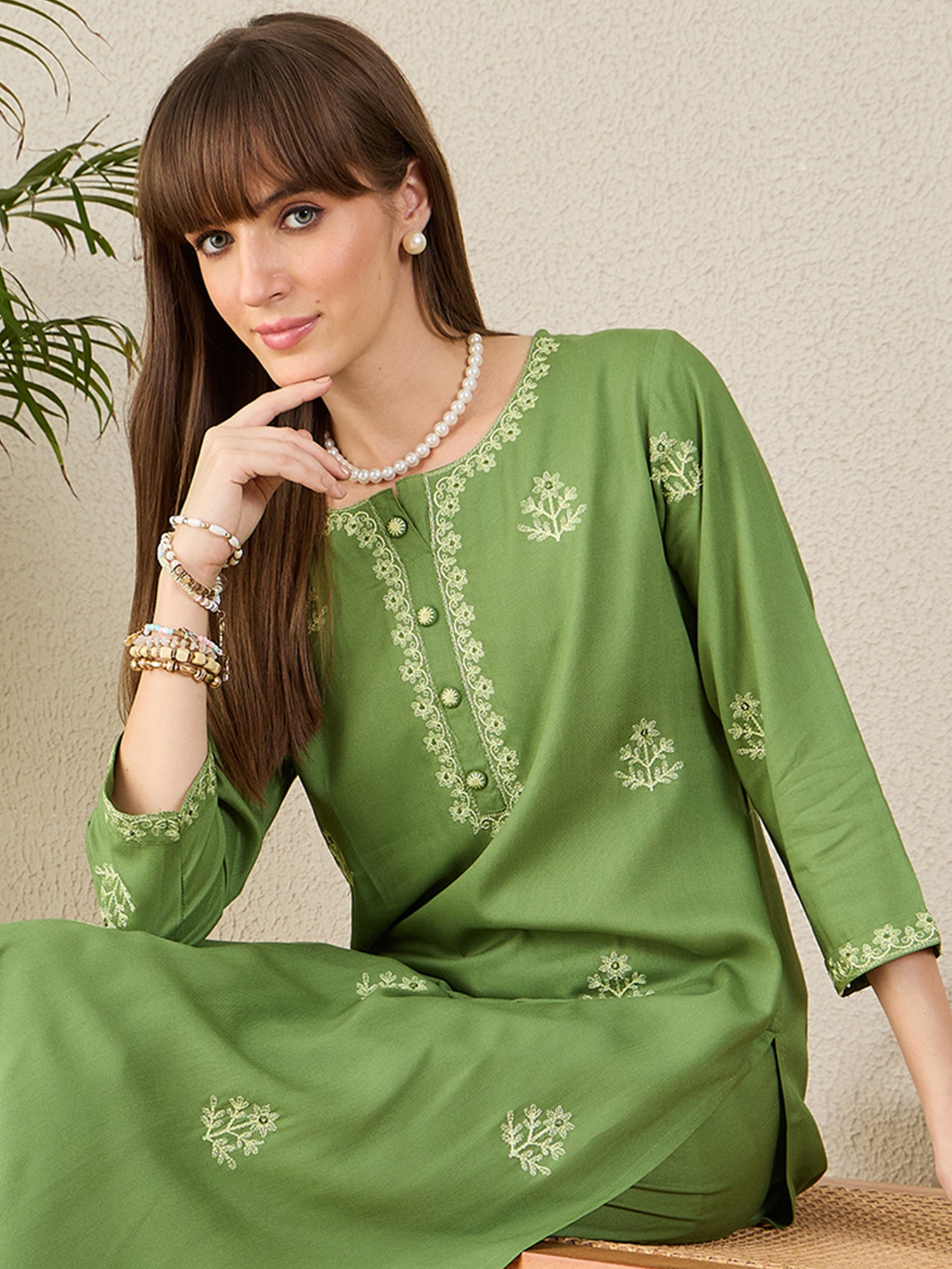 Indo Era Green Embroidered Straight Kurta Trousers Set-IE