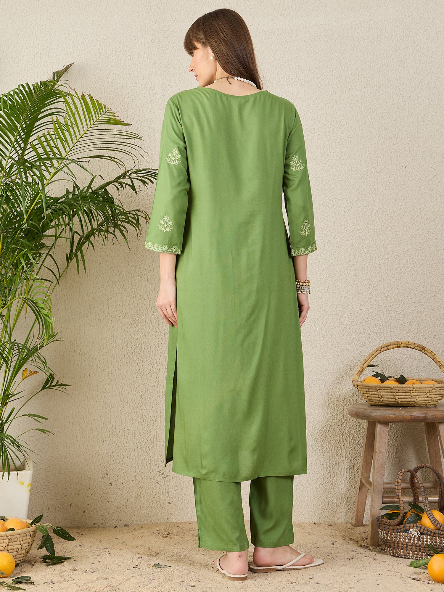 Indo Era Green Embroidered Straight Kurta Trousers Set-IE