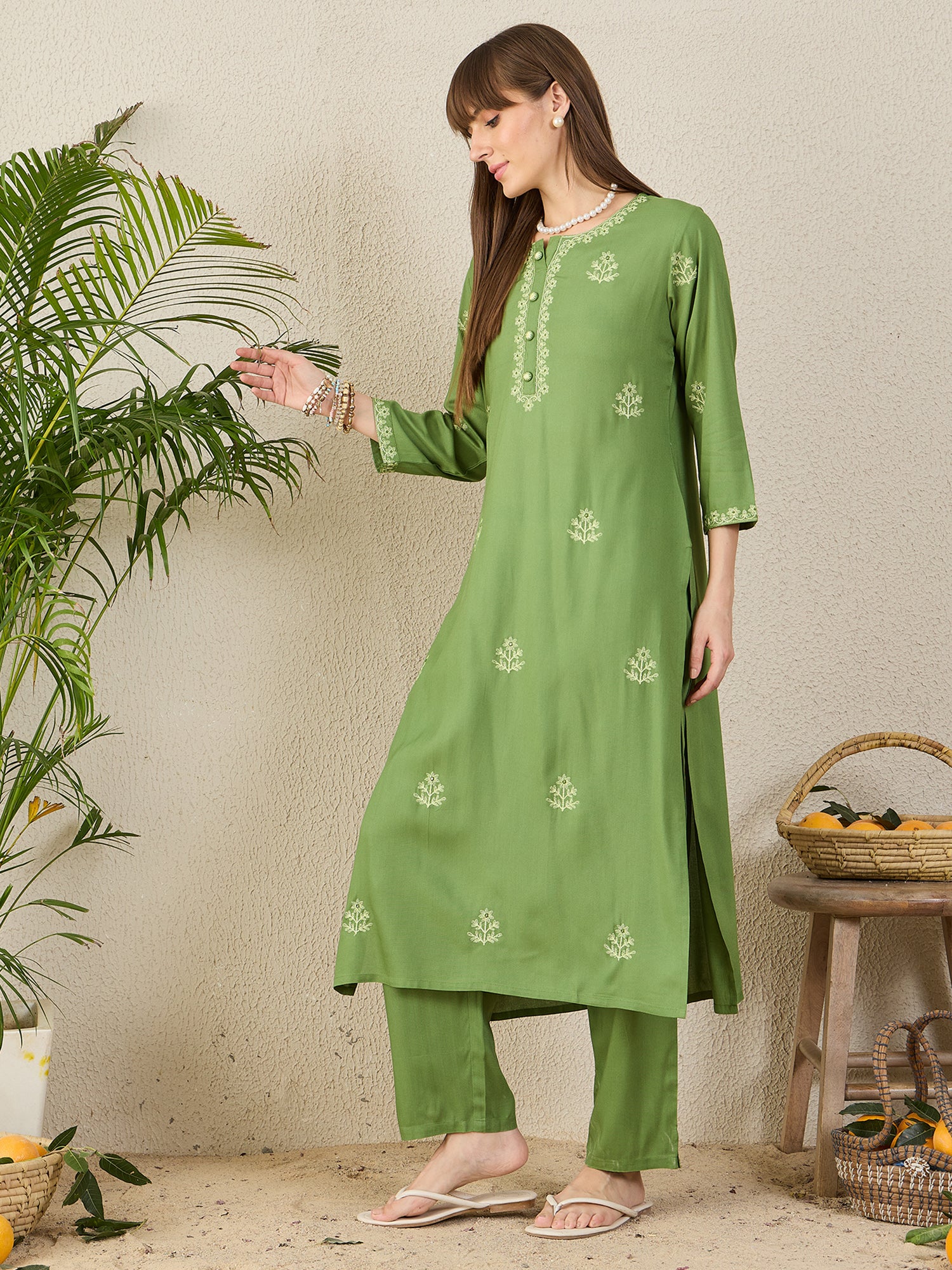 Indo Era Green Embroidered Straight Kurta Trousers Set-IE