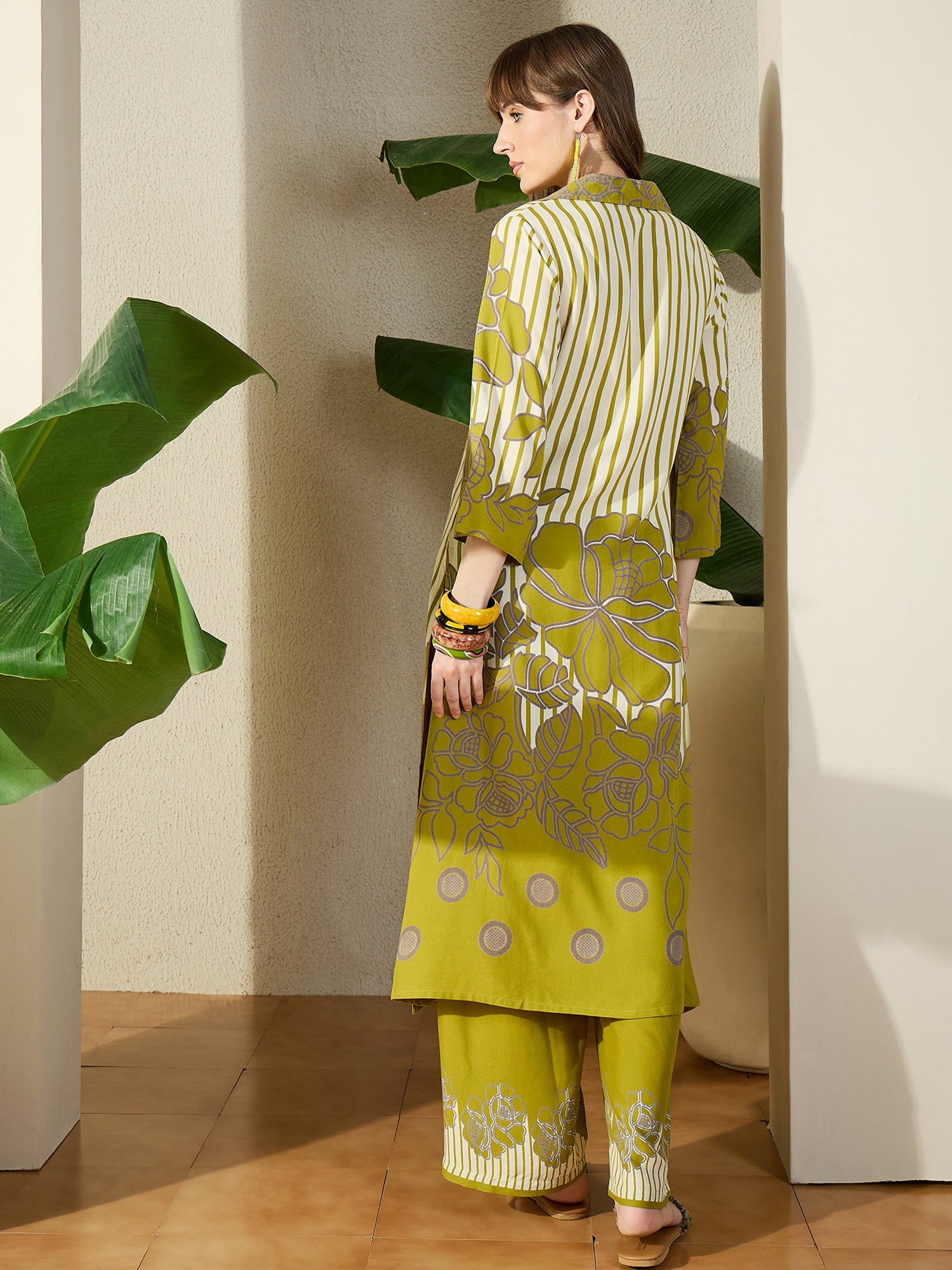 Indo Era Green Printed A-Line Kurta Palazzos Set-IE