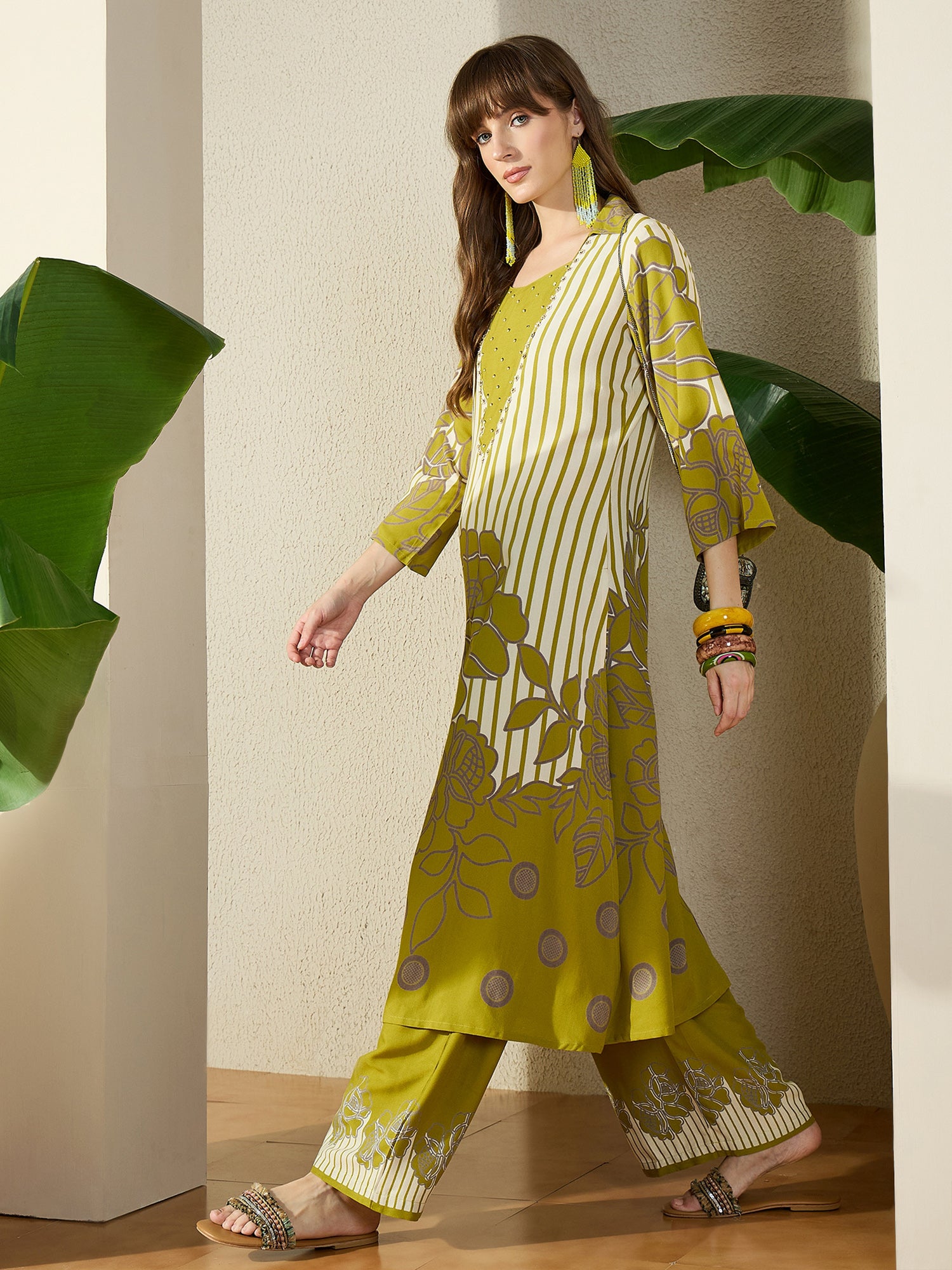 Indo Era Green Printed A-Line Kurta Palazzos Set-IE