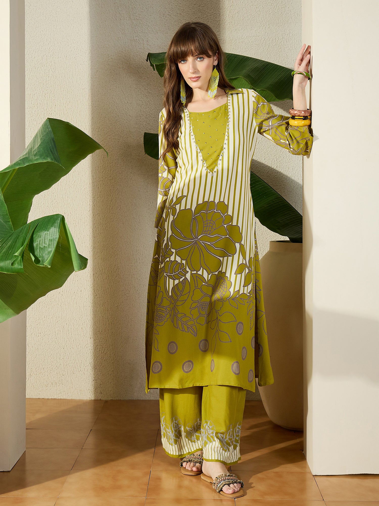 Indo Era Green Printed A-Line Kurta Palazzos Set-IE