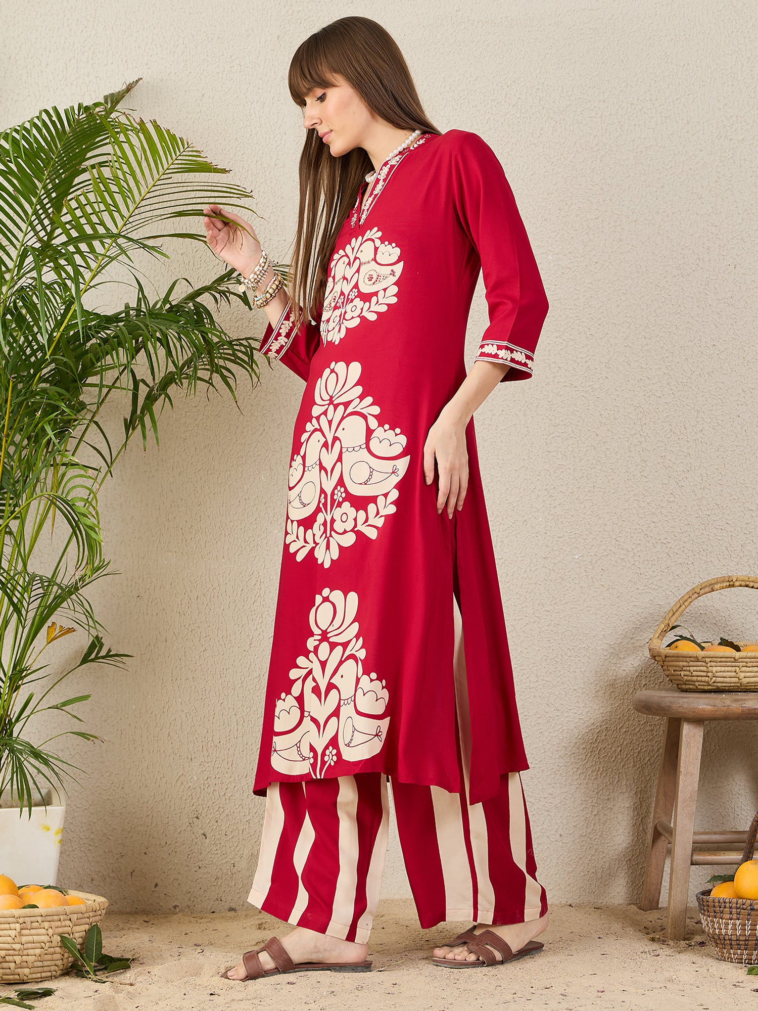 Indo Era Maroon Printed Straight Kurta Palazzos Set-IE