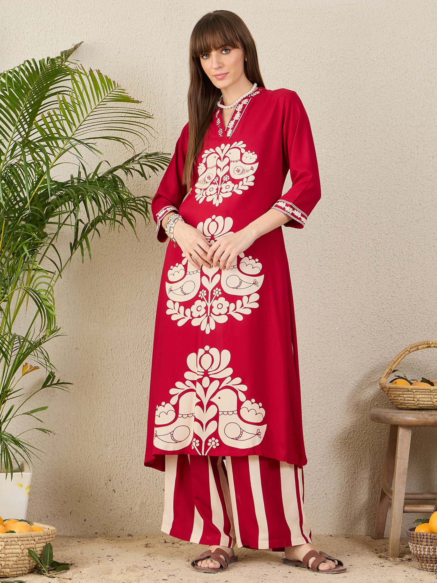 Indo Era Maroon Printed Straight Kurta Palazzos Set-IE