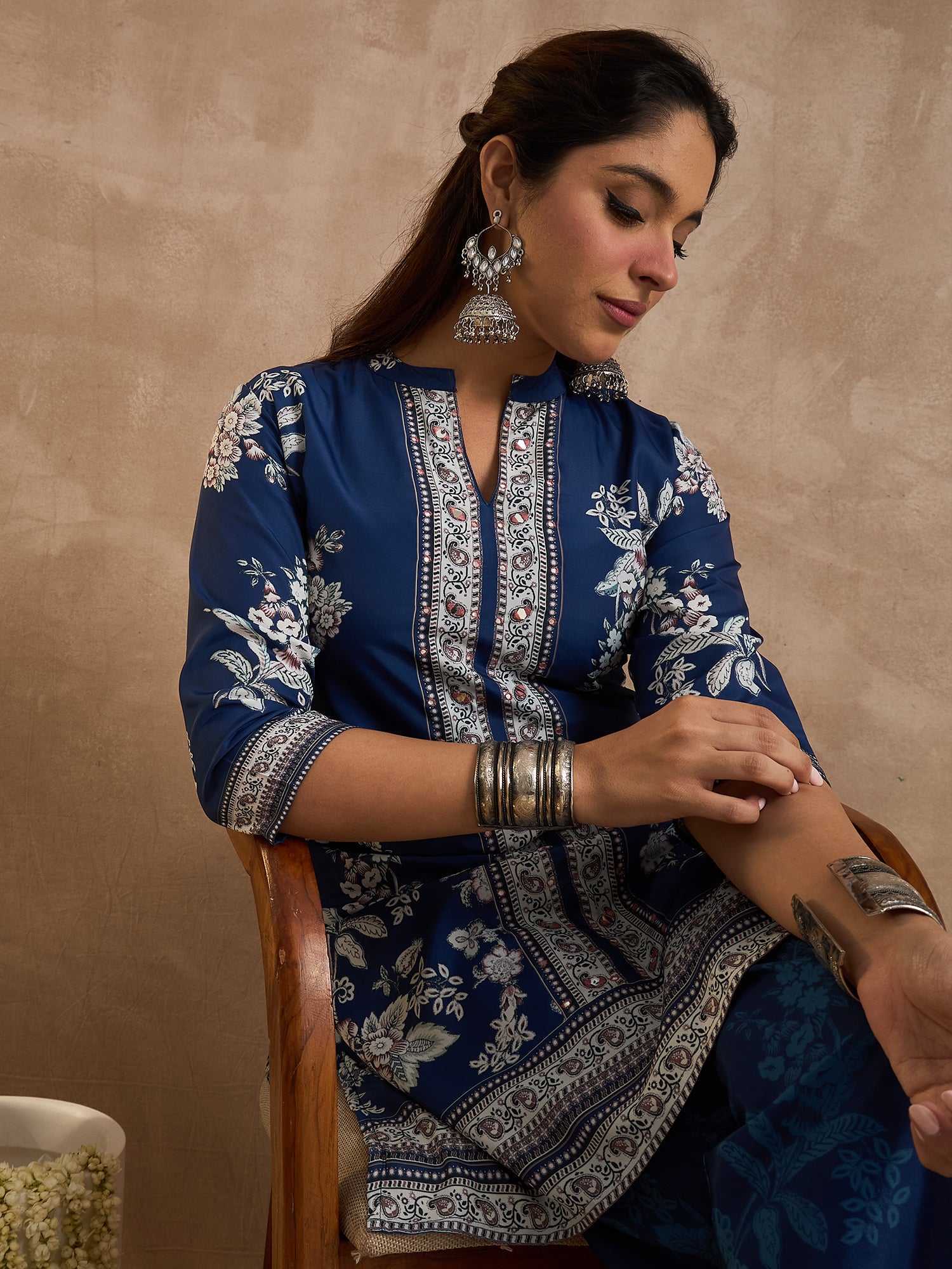 Indo Era Blue Printed Straight Kurta Palazzos Set-IE